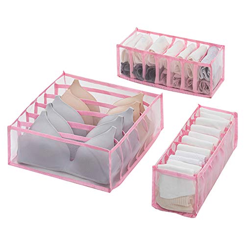 Foldable Drawer Organizer Set - 6/7/11 Grids Underwear Storage Box for Socks & Bras | Space-Saving Dorm Closet Organizer (Pink) | Perfect for College Dorms, Bedroom Drawers & Travel Luggage Organization