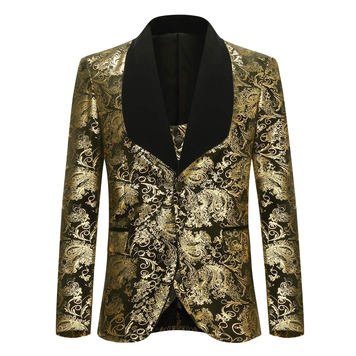 YFFUSHI Men's 3-Piece Slim Fit Suit Set - One Button Shawl Collar Floral Print Jacket, Vest & Pants | Formal Wedding, Business, Party Outfit