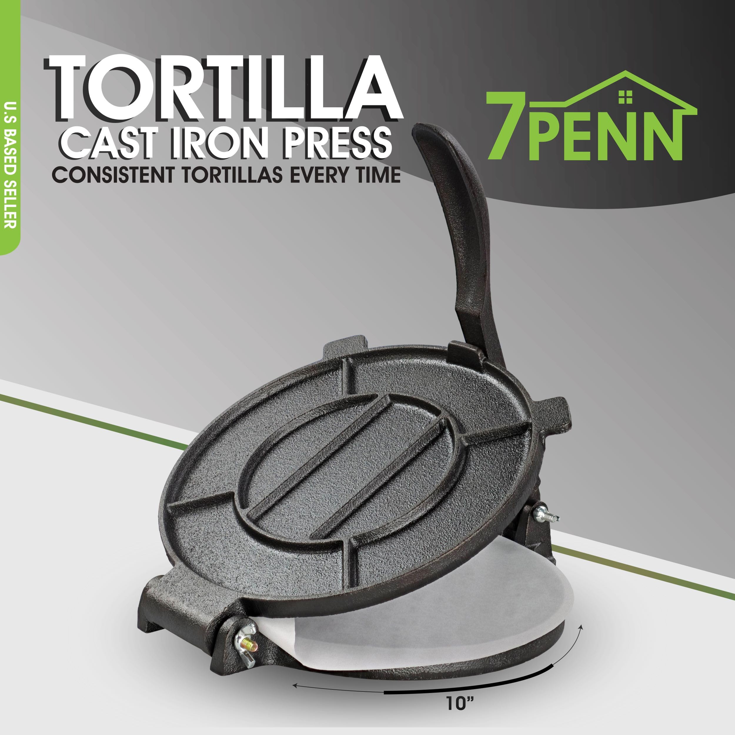 7Penn 10-Inch Cast Iron Tortilla Press - Heavy Duty Roti Maker for Corn & Flour Tortillas with 100 Cooking Sheets - Perfect for Mexican, Indian & Homemade Flatbreads