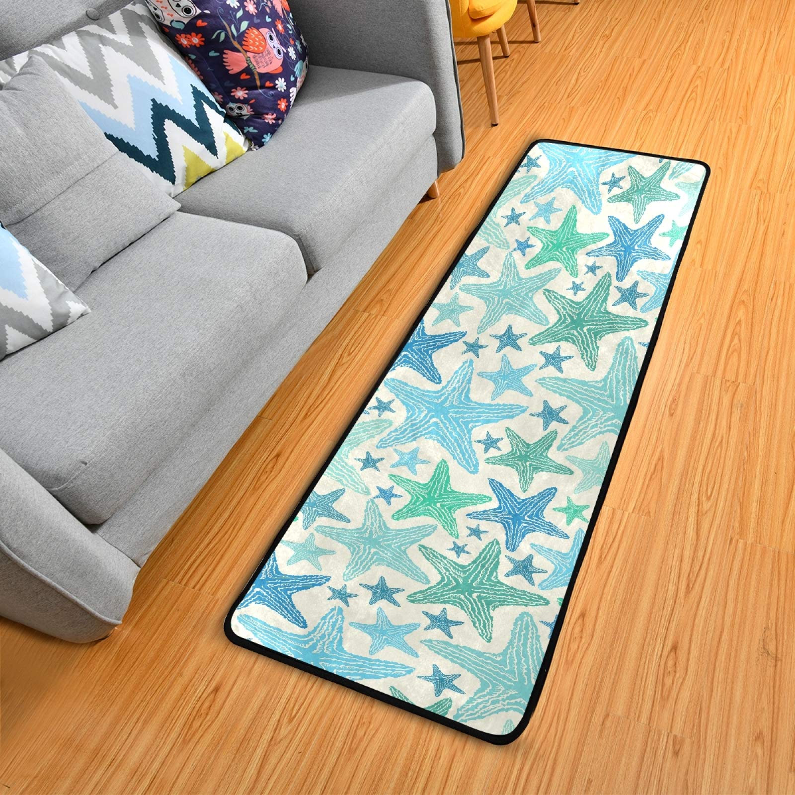 Non-Slip Blue Green Starfish Runner Rug 2x6 FT - Soft Indoor Hallway Carpet, Kitchen Floor Mat, Bathroom Doormat, Bedroom Entry Rug for Home Decor | Perfect for Coastal Theme Living Rooms, Beach House Entryways & Boho Chic Spaces