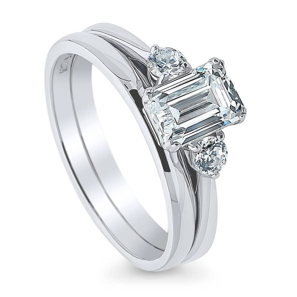 BERRICLE 1 Carat Emerald Cut Cubic Zirconia Sterling Silver 3-Stone Wedding & Engagement Ring Set for Women - Rhodium Plated, Size 4-10 | Elegant Bridal Jewelry Gift for Anniversary, Proposal & Special Occasions