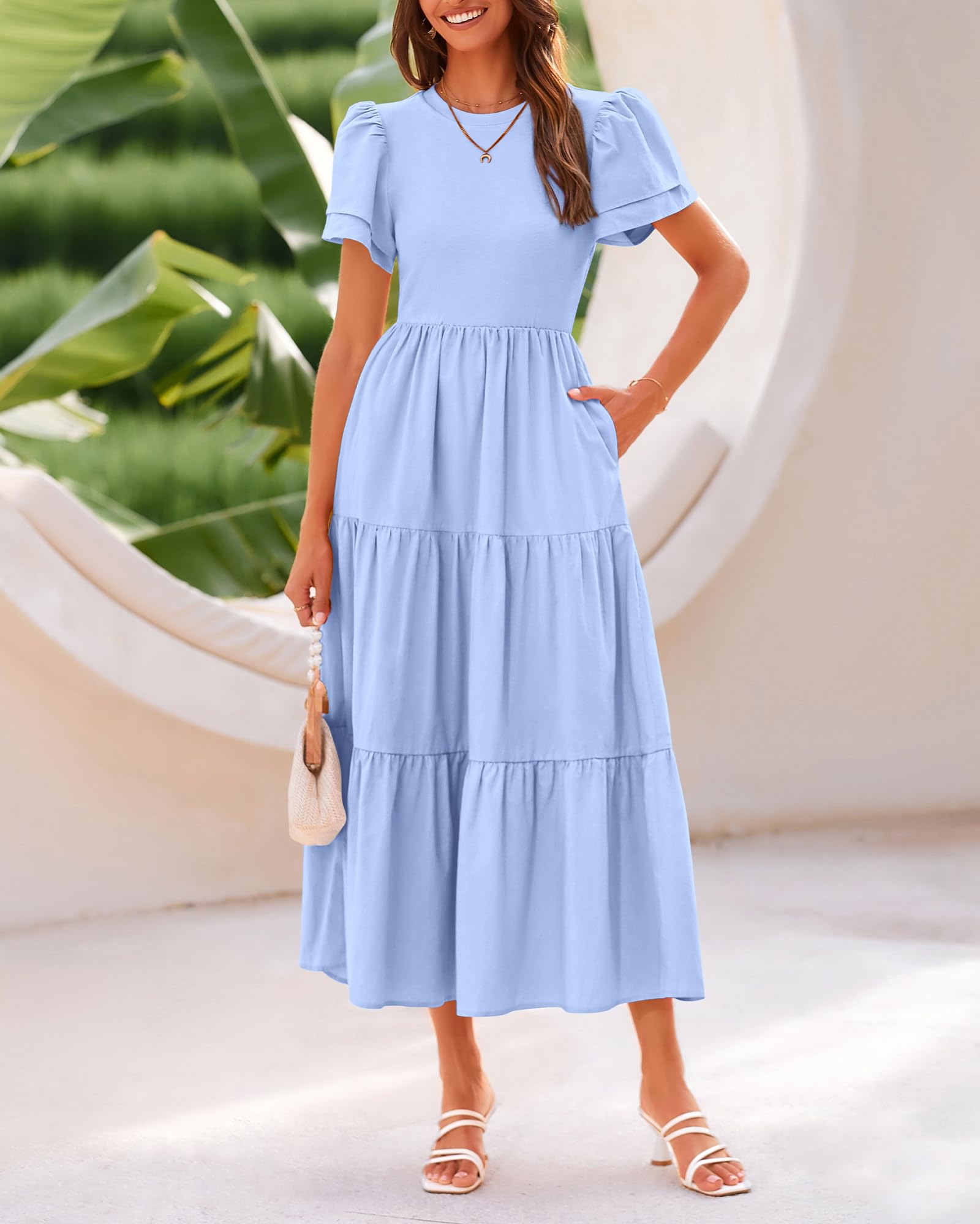 BTFBM Women's Casual Summer Dresses 2025 - Spring Crewneck Short Sleeve Tiered Flowy Boho Maxi Dress with Pockets for Beach Vacation, Party, and Everyday Wear