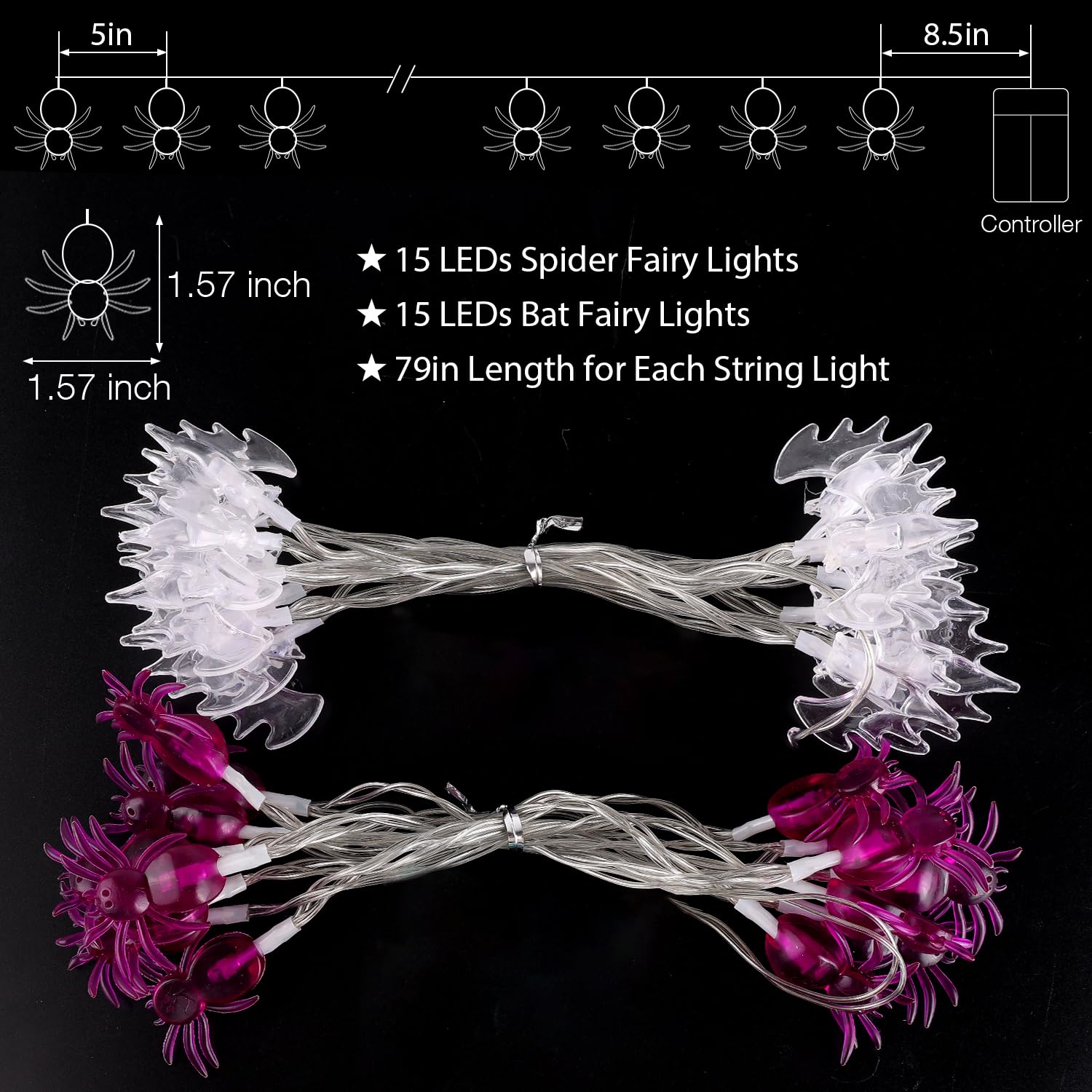 Battery Operated Halloween Lights - 2 Pack 30LED Purple Spider & Blue Bat String Lights, 6.6ft x 2 Outdoor/Indoor Halloween Decorations for Party, Yard, Porch, Window, and Haunted House Decor