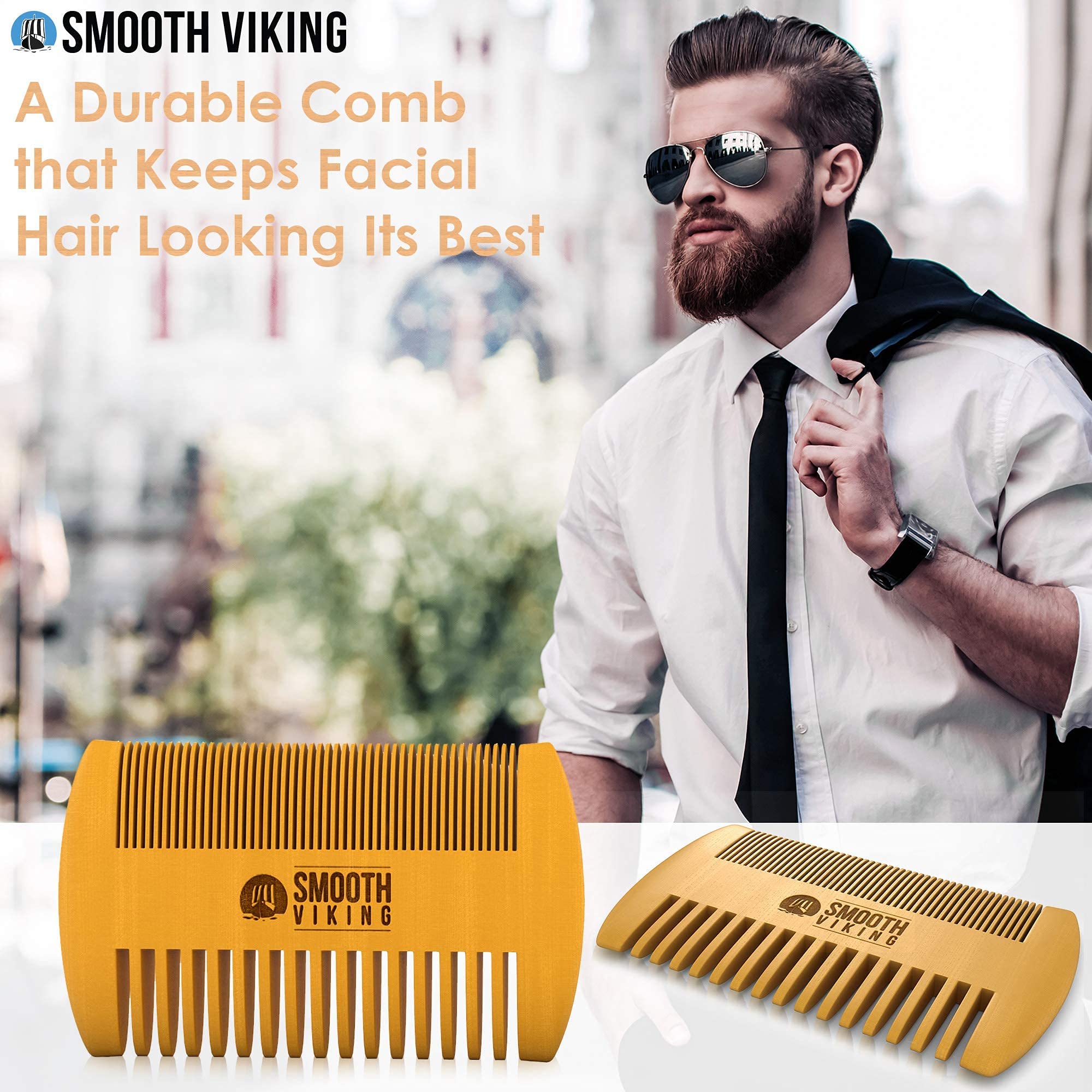 Premium Viking Beard Brush Gift Set for Men - Natural Boar Bristle Beard & Mustache Brush, Facial Hair Styling & Grooming Kit with Beard Shaping Tool - Perfect for Daily Grooming, Travel & Gift Giving (Tan Combo)