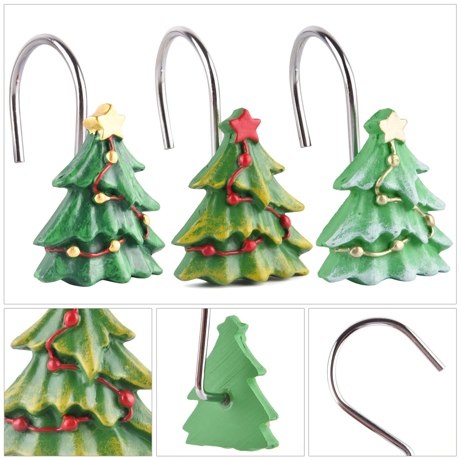 12 Pack Christmas Tree Shower Curtain Hooks - Rustproof Bathroom Decorations for Holiday Season | Winter Home Decor & Christmas Party Supplies