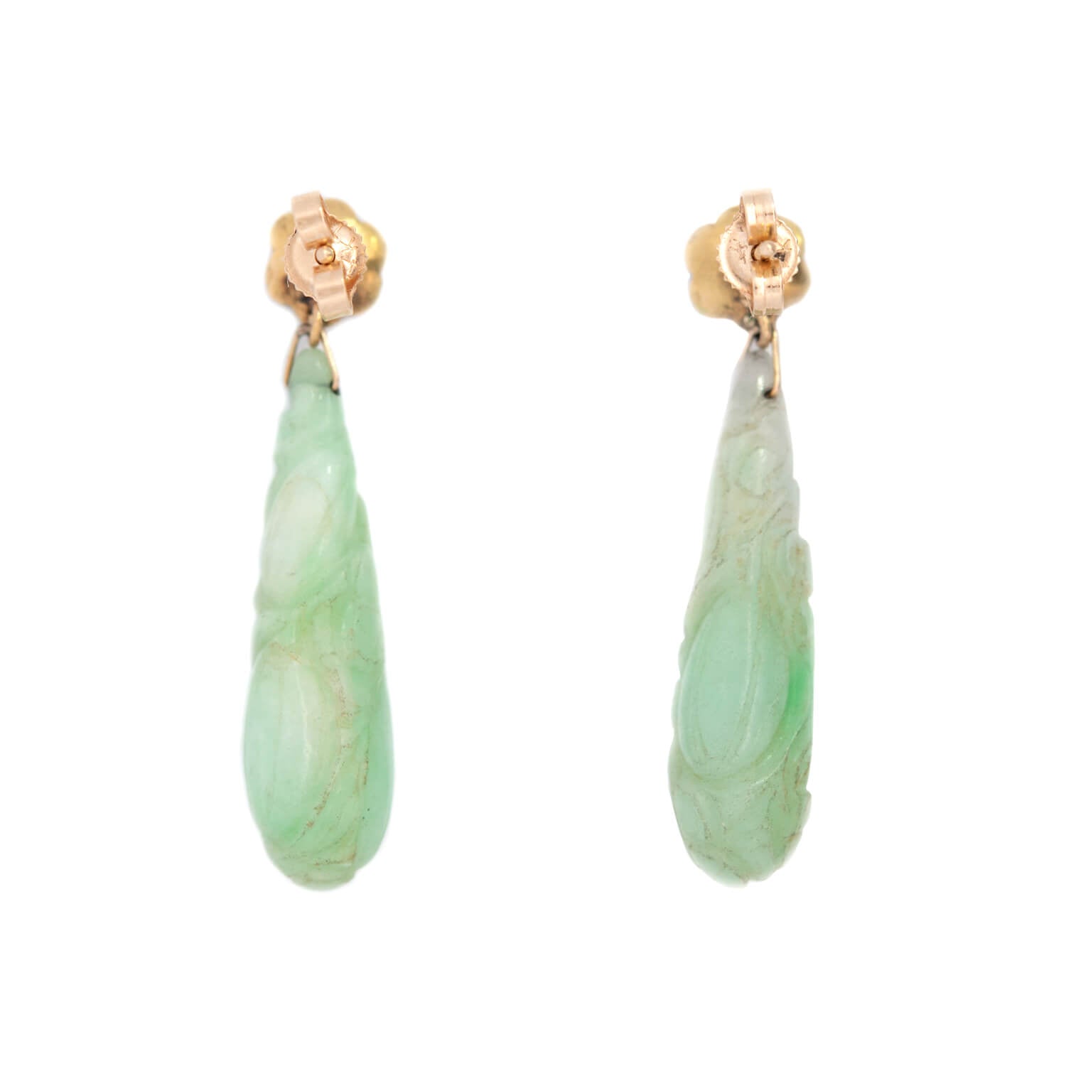 Edwardian 14K Gold Carved Jade Drop Earrings - Vintage Jewelry for Weddings & Special Occasions