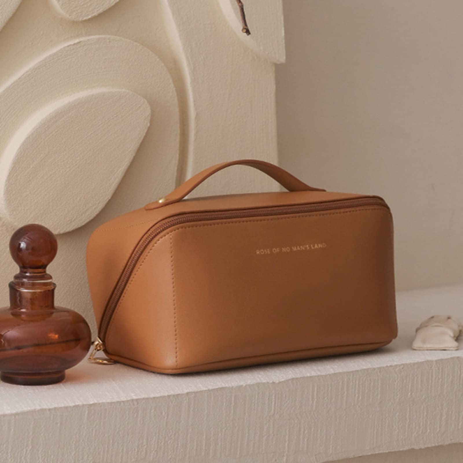 Large Capacity Travel Cosmetic Bag for Women - Waterproof Makeup Organizer with Handle & Divider, Portable Toiletry Pouch for Vacation, Gym, Business Trips & Daily Use (Tan)