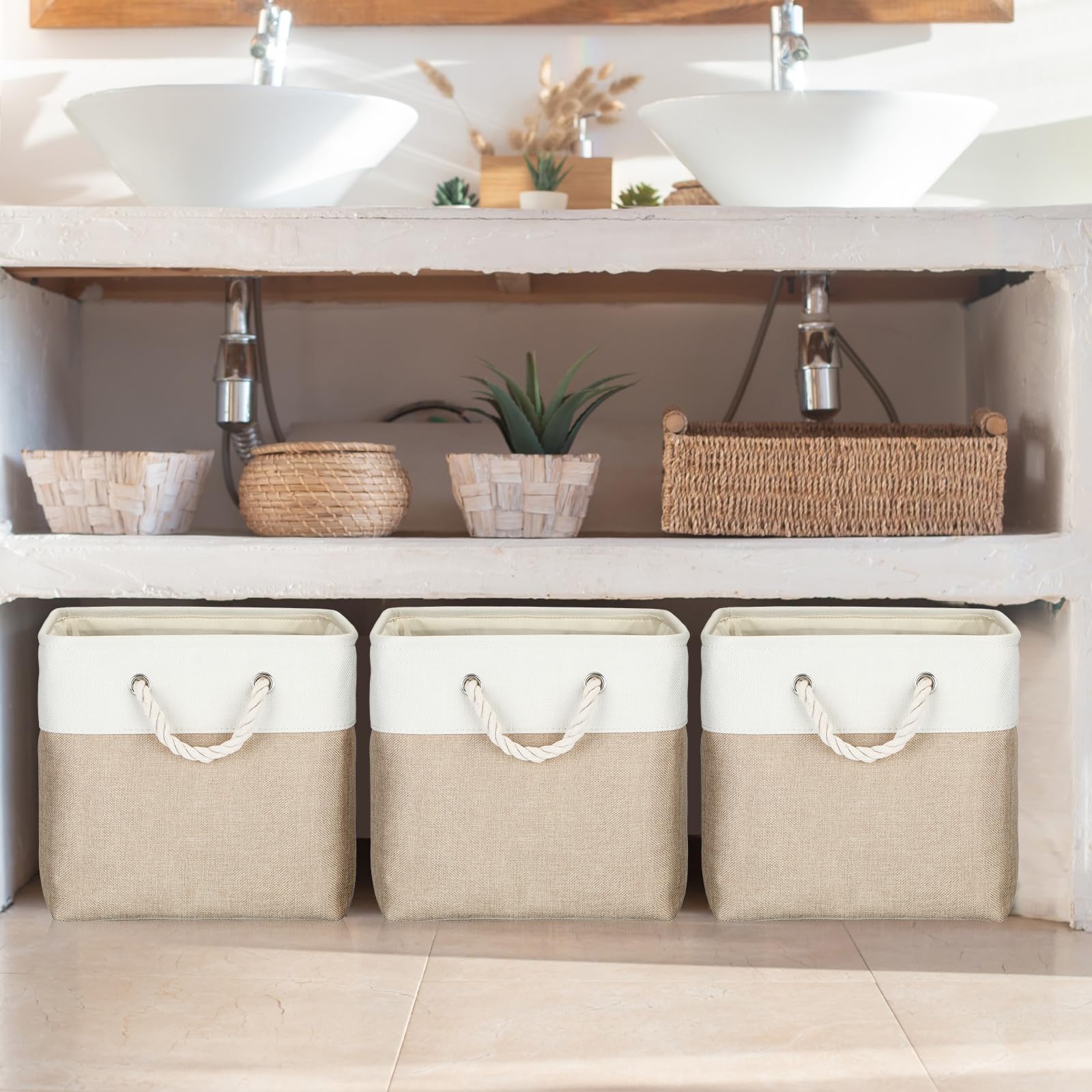 8 Pack Collapsible Storage Bins - Foldable Fabric Organizer Baskets with Handles for Home, Closet, Shelf & Toy Storage - 15 x 11 x 9.5 Inch Beige Polyester Bins - Perfect for Organizing Towels, Blankets, Kids Toys & Bedroom Essentials