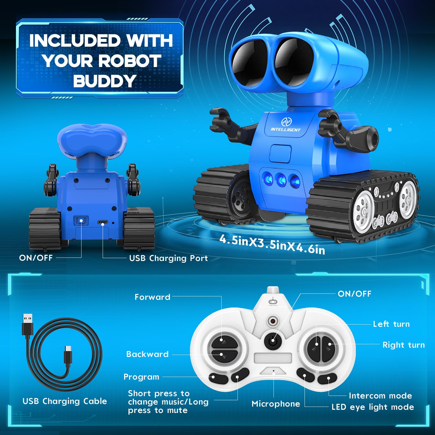 Rechargeable Remote Control Robot Toy with Auto-Demo, Music & LED Eyes - Walkie Talkie RC Robot for Kids Age 7-12 | Interactive STEM Toy Gift for Boys & Girls | Toddler Robot Toy for Indoor Play & Birthday Gifts (Blue)