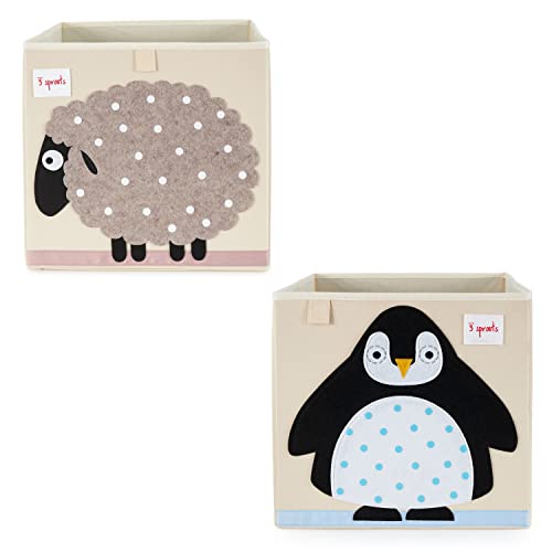 3 Sprouts 13 Inch Square Kids Foldable Fabric Storage Cube - Arctic Penguin & Polka Dot Sheep Design - Soft Toy Bins for Nursery, Playroom & Kids Bedroom Organization
