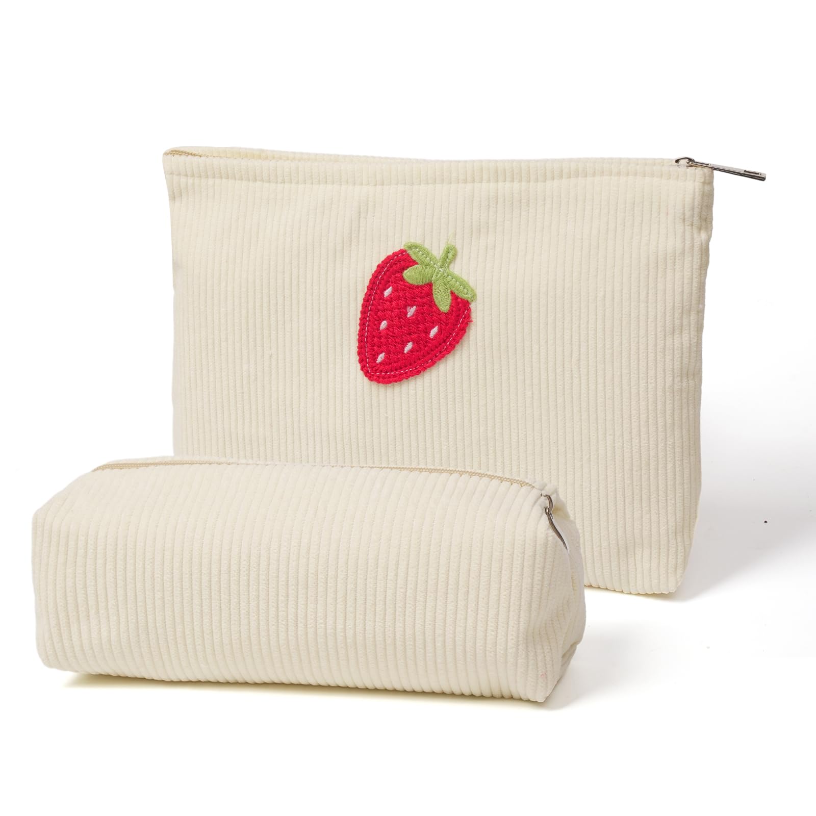 Strawberry Patch Corduroy Makeup Bag Set - Large Travel Toiletry Cosmetic Pouch with Zipper for Women (Beige) | Cute Cosmetic Bags for Travel, Gym, and Daily Essentials Storage