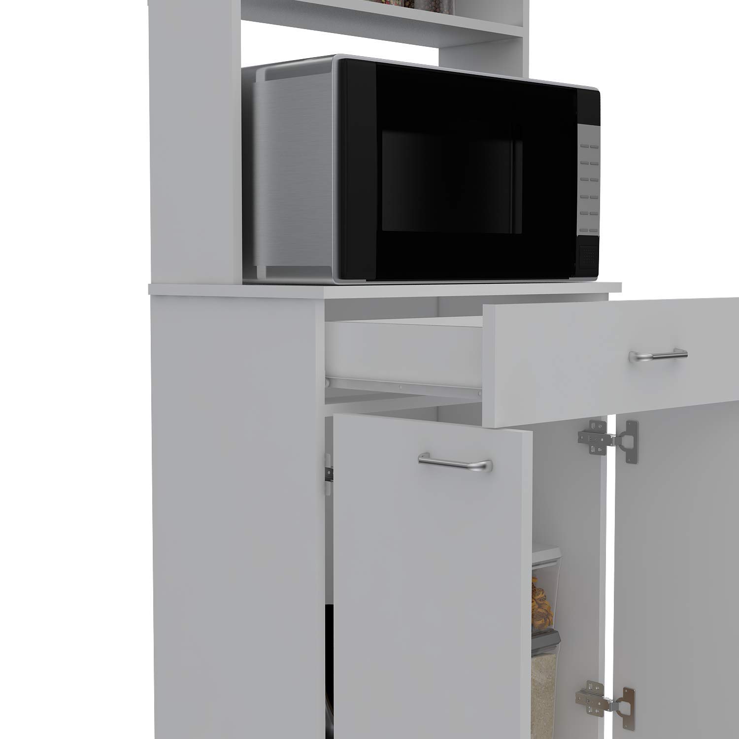 White Modern Kitchen Pantry Cabinet with 2 Double Doors, Drawer & 2 Open Shelves - 4 Sturdy Metal Legs for Bay Area Homes | Perfect for Small Kitchens, Apartments & Dining Room Storage