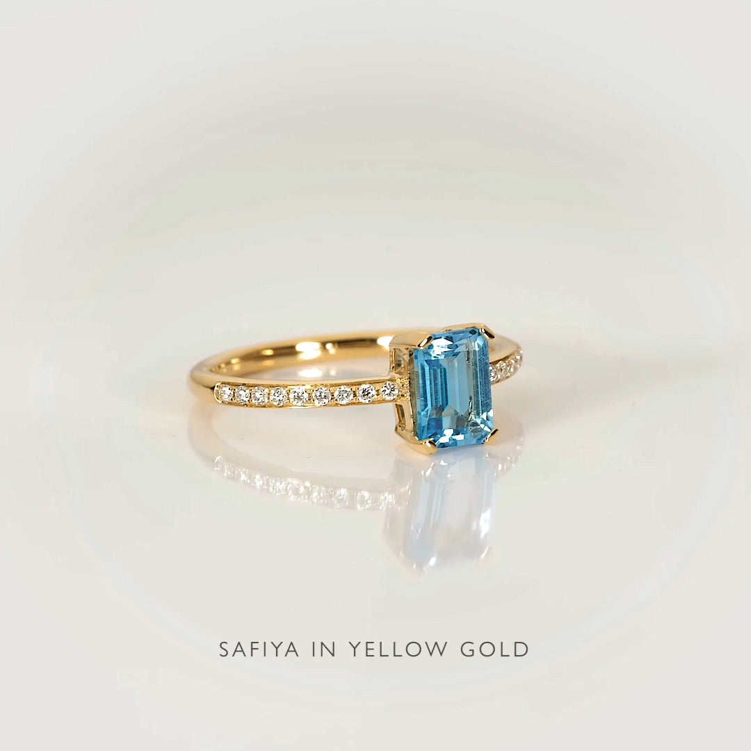 14k Gold Baguette Swiss Blue Topaz & Diamond Ring for Women - Elegant Bridal, Anniversary, or Evening Wear Jewelry Gift - Safiya Collection