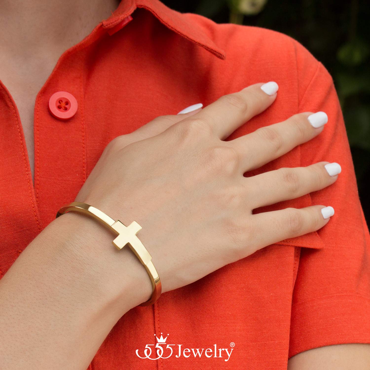 555Jewelry Stainless Steel Sideways Cross Cuff Bangle Bracelet for Women - Hypoallergenic Hinge Lock Design - Elegant Religious Jewelry for Everyday Wear & Special Occasions