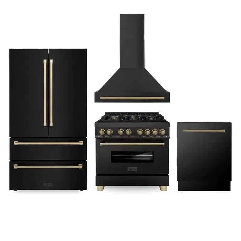 ZLINE Autograph Edition 36-inch Black Stainless Steel Dual Fuel Range Kitchen Package with Range Hood, Dishwasher & Refrigerator - Champagne Bronze Accents (4AKPR RABRHDWV36 CB) | Perfect for Modern Kitchens, Home Renovations & Chef-Inspired Cooking Spaces