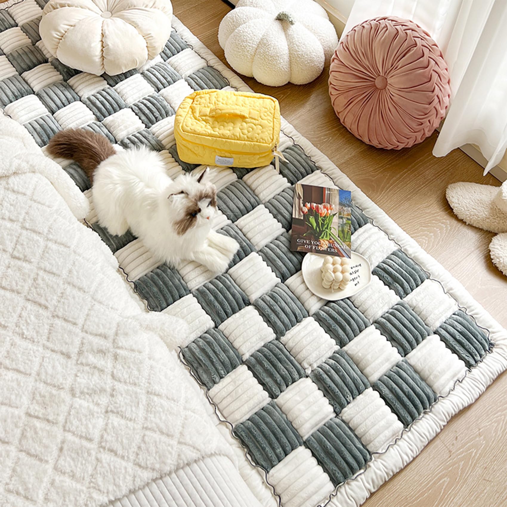 FunnyFuzzy Cream-Colored Large Plaid Square Pet Mat Bed & Couch Cover - Soft Anti-Scratch Dog Blanket for Sofa Protection (Grey, 27.6×70.9 Inches) - Perfect for Living Room, Bedroom & Pet Napping Areas