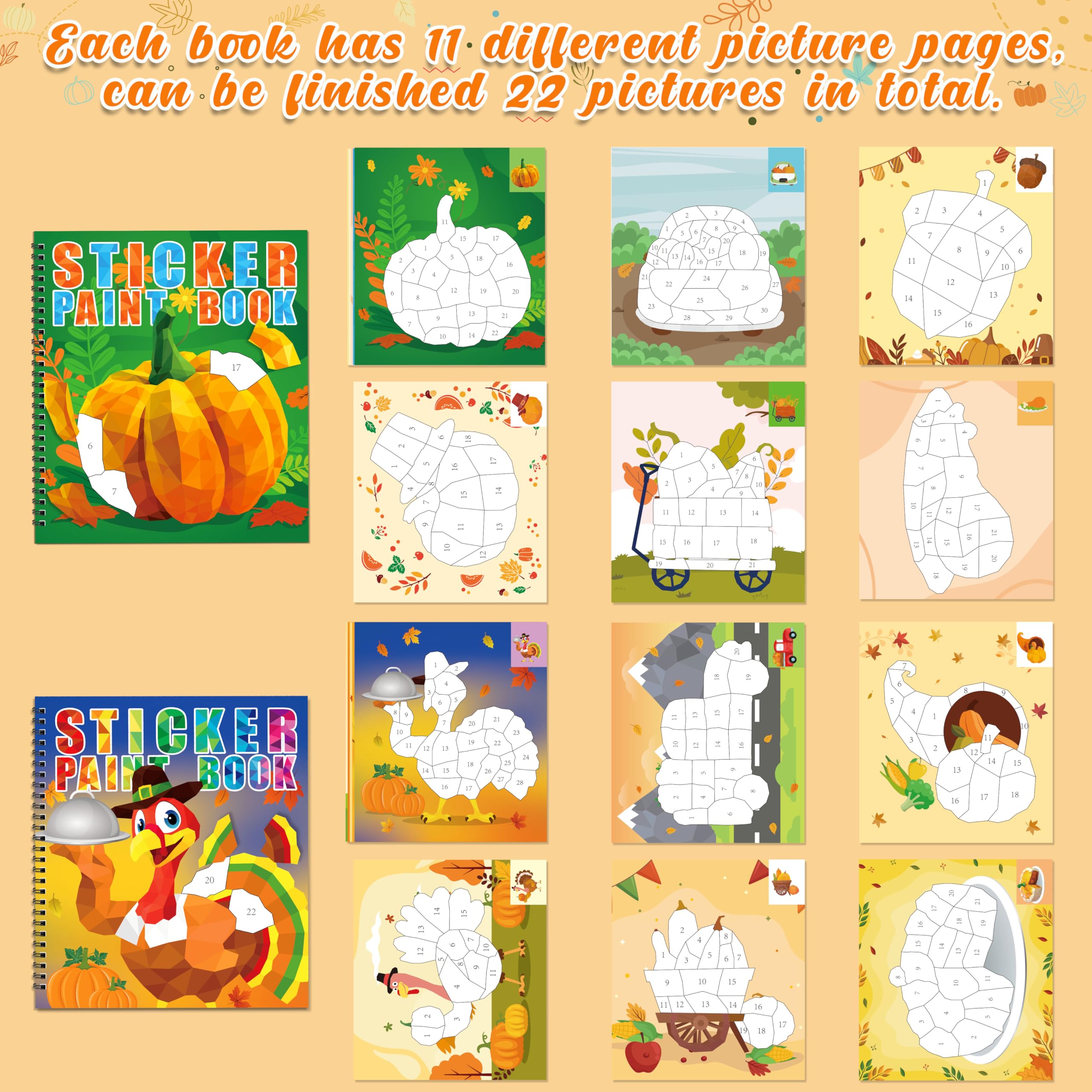 90Shine 2PCS Thanksgiving Sticker Activity Books for Kids Ages 4-8 - Fall Turkey Pumpkin Harvest Craft Kits with 22 DIY Scenes - Perfect for Classroom Party Gifts & Holiday Family Bonding Activities