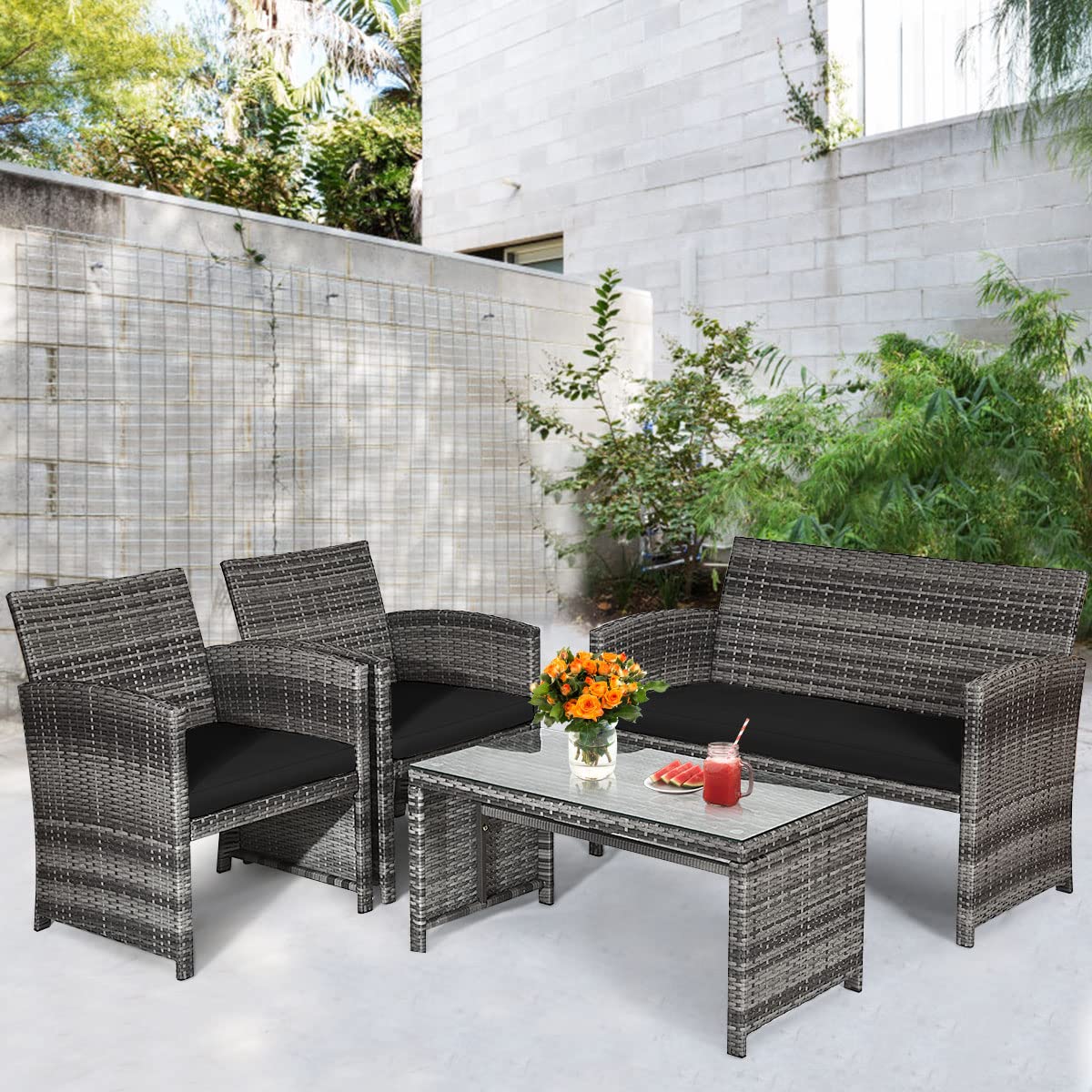 HAPPYGRILL 4-Piece Patio Conversation Set with Soft Cushions - PE Wicker Rattan Furniture Set with Coffee Table & Sofa Chairs - Outdoor Garden, Poolside, Porch, Backyard Lounge Set for Relaxing & Entertaining