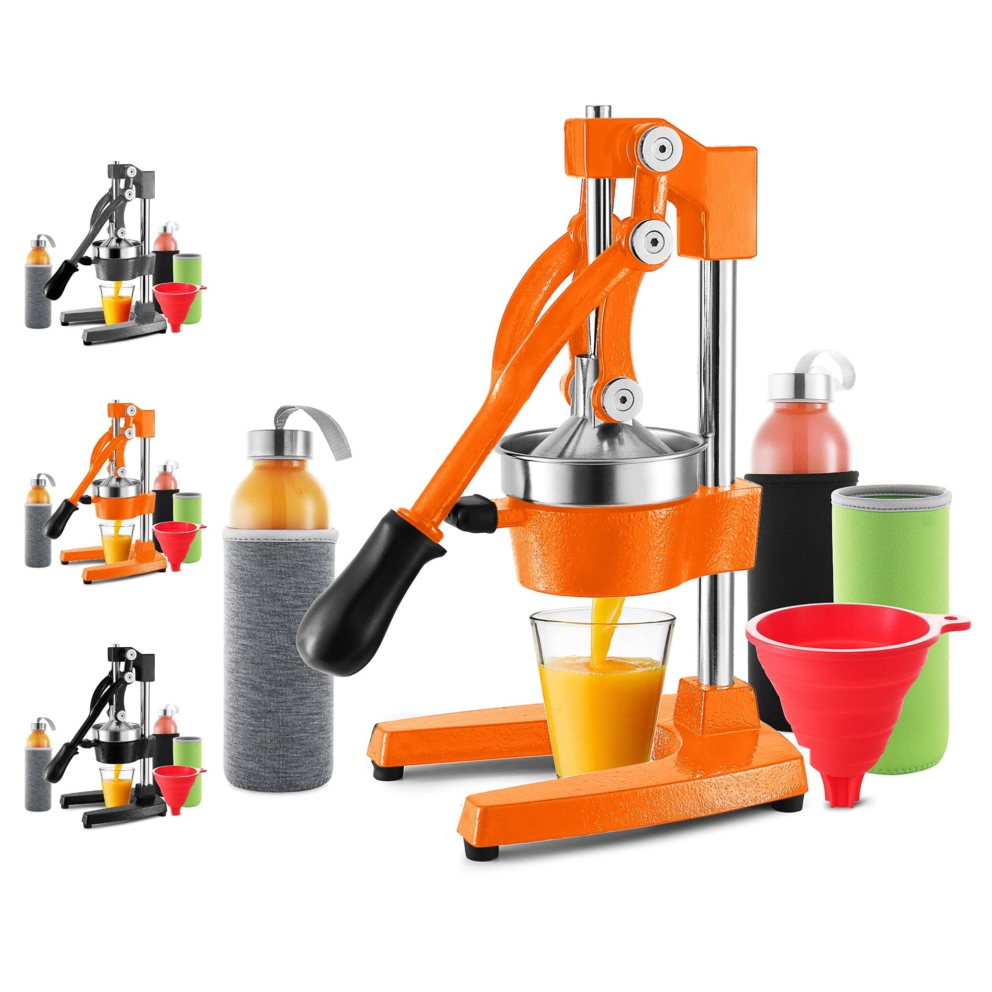 Professional Manual Citrus Juicer - Heavy Duty Hand Press for Grapefruit, Lemon & Orange - 7-Piece Set with Glass Bottles, Sleeves & Funnel - Perfect for Fresh Juice, Cocktails & Healthy Breakfasts