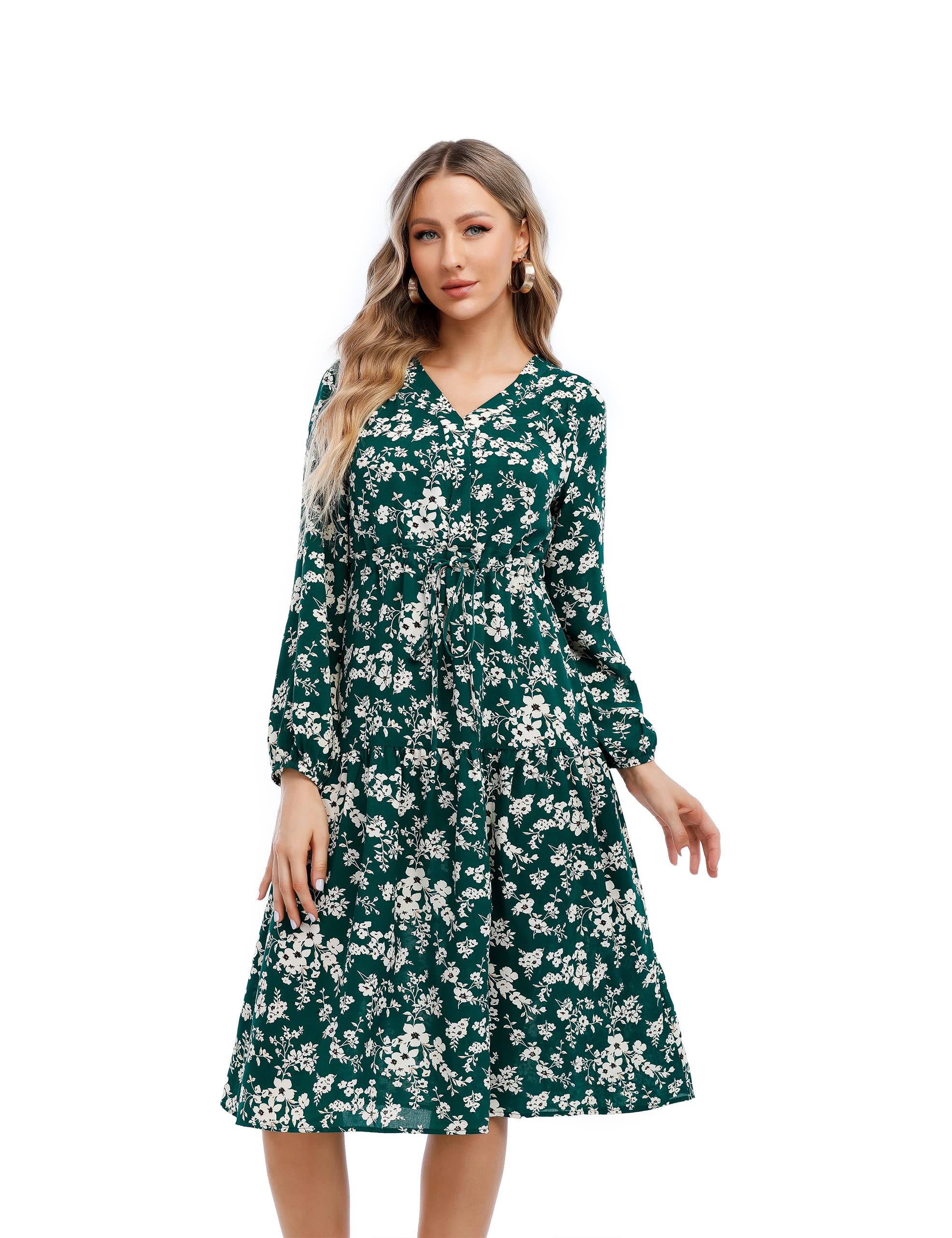 Joyours Women's Plus Size Casual Summer Floral V-Neck Boho Midi Dress - Loose A-Line Long Sleeve Dress for Beach, Vacation & Everyday Wear