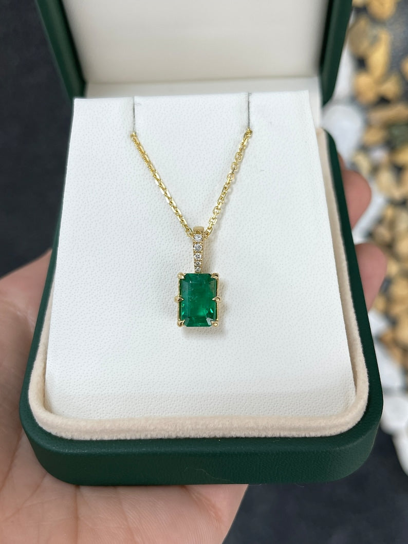 3.0tcw 18K Gold Emerald & Diamond Accent 6-Prong Necklace for Women - Elegant Fine Jewelry Gift for Anniversary, Wedding & Special Occasions