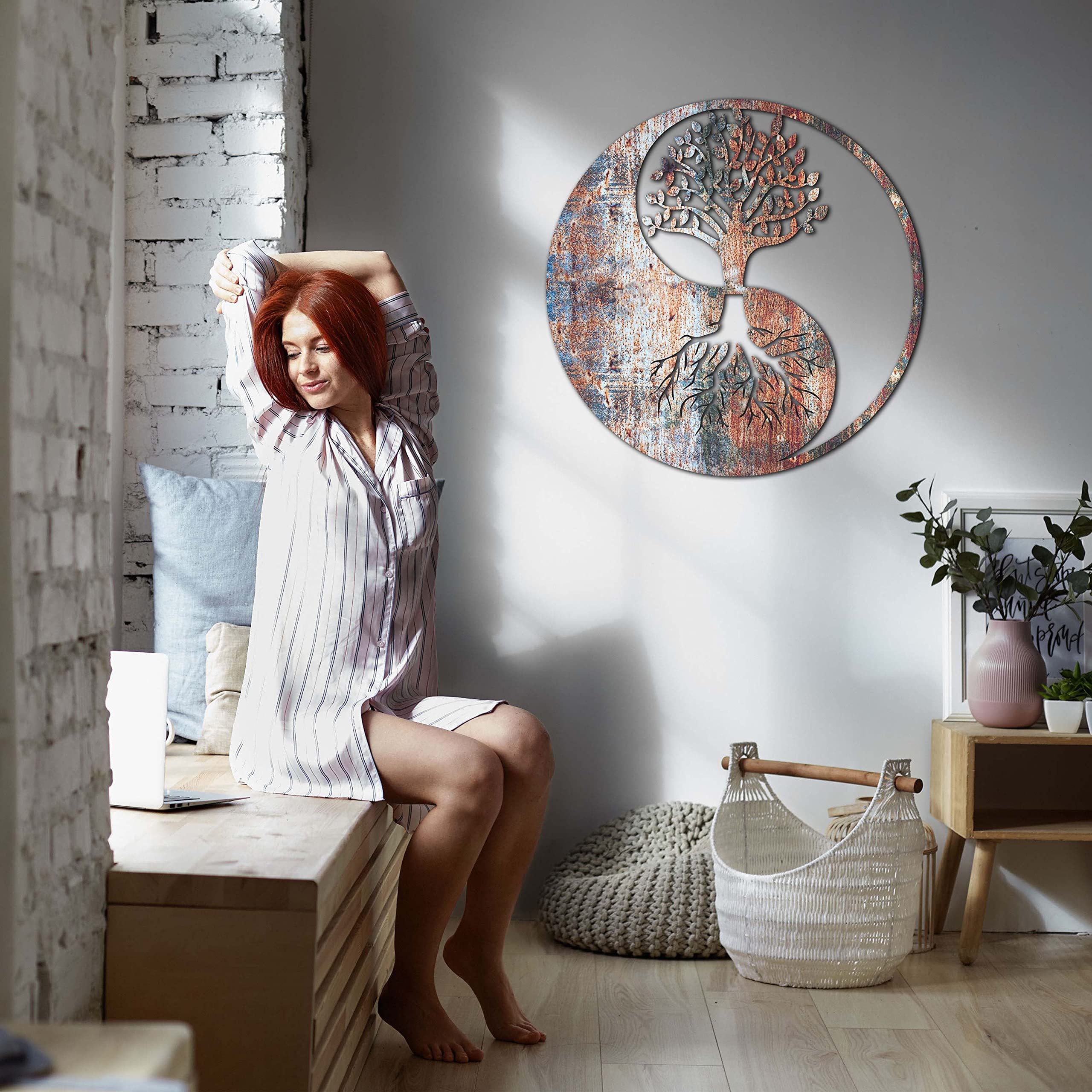 Venovez Yin Yang Wall Art - Wood & Metal Tree of Life Decor for Home & Office - 27
