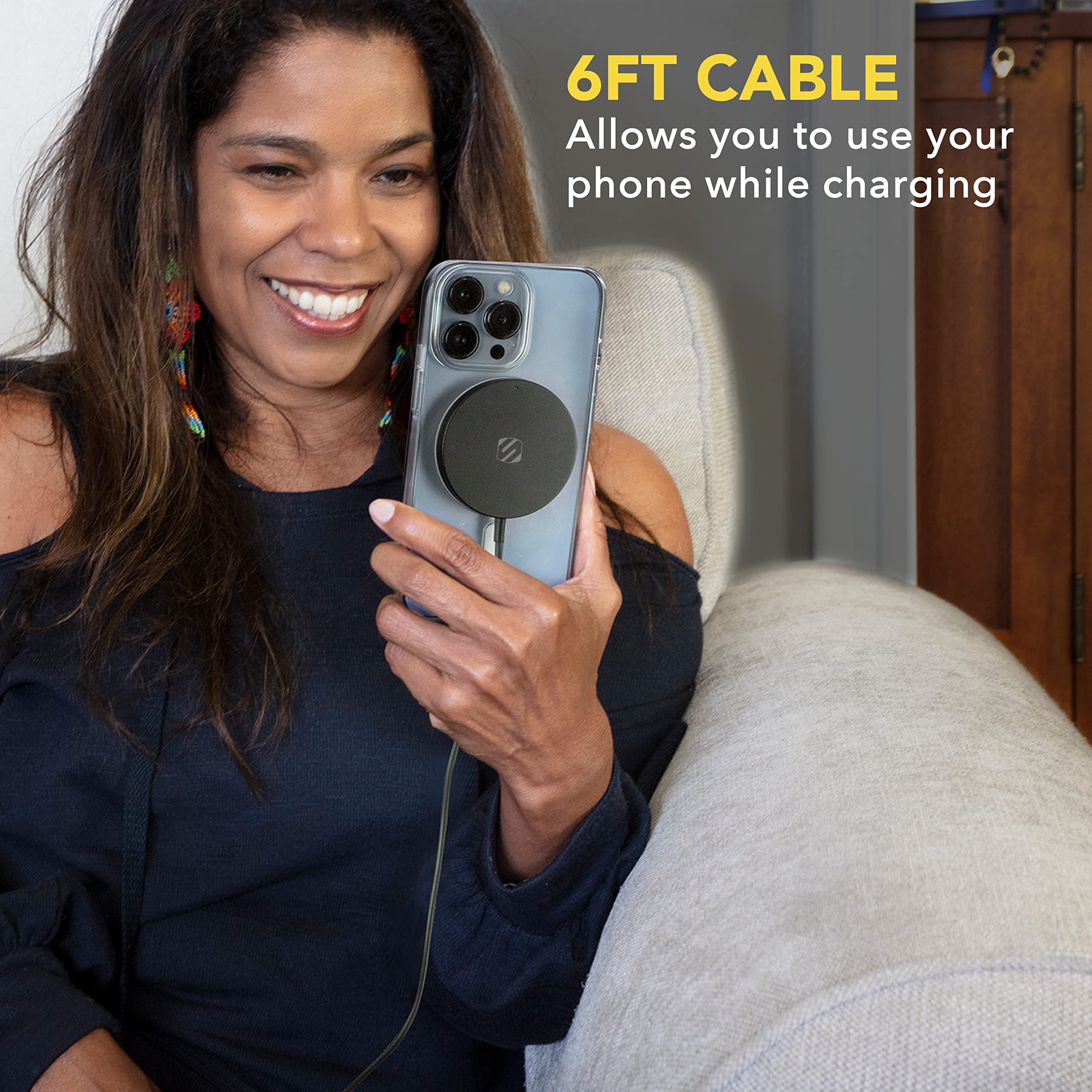 Scosche MSQP Magnetic Wireless Phone Charger - MagSafe Compatible Fast Charging Pad for iPhone 12/13/14, AirPods & Wireless Earbuds - Black | Perfect for Home, Office & Car Use