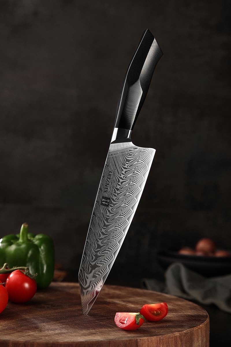 XINZUO 8.5 Inch Damascus Steel Kiritsuke Chef Knife - Professional Forged Gyuto Kitchen Knife with Military Grade G10 Handle & Magnetic Sheath - Perfect for Sushi, Meat Cutting, and Precision Cooking - Feng Series
