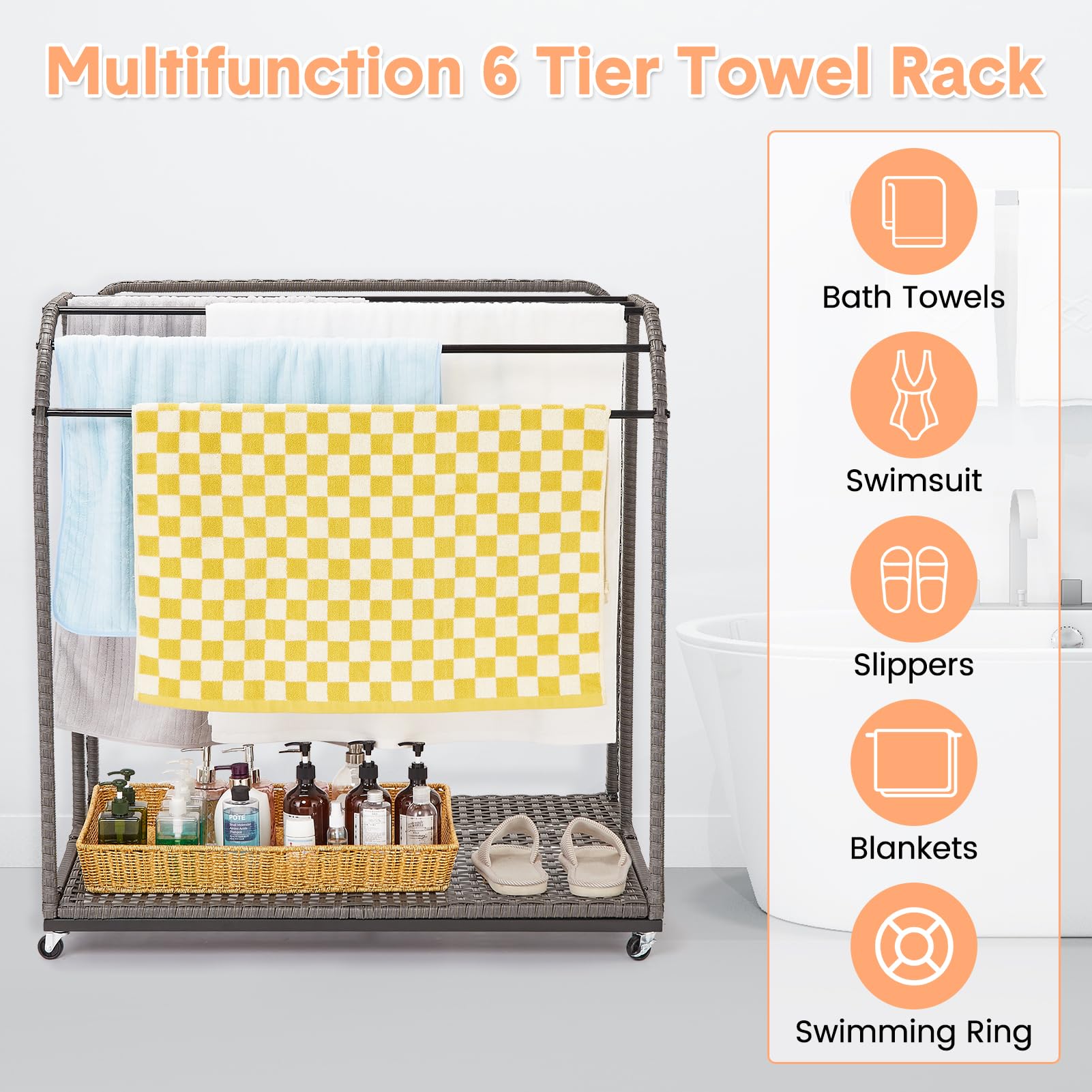 IdealHouse Freestanding Poolside Outdoor Storage Organizer with 5-Bar Towel Rack & Rattan Base - Perfect for Pool Toys, Floats, Noodles & Swimming Rings - Great for Patio, Backyard, Pool Area & Indoor Use