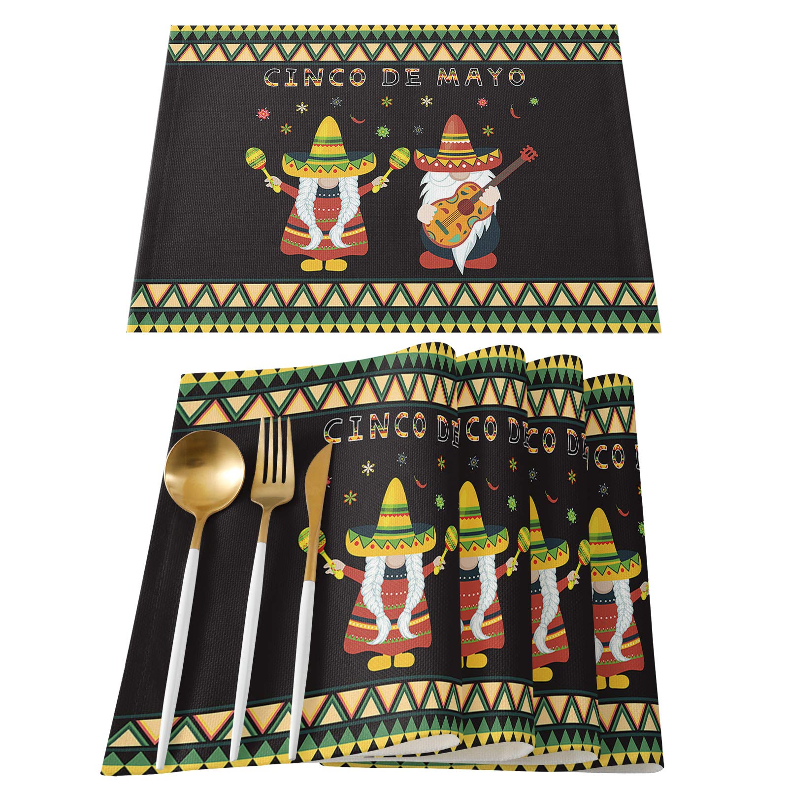 6-Pack Non-Slip Washable Heat Resistant Placemats - Mexican May 5th Festival Theme with Cute Dwarf Musician Design for Dining Table, Kitchen & Coffee Table Decor - Perfect for Cinco de Mayo Celebrations, Family Dinners and Daily Use