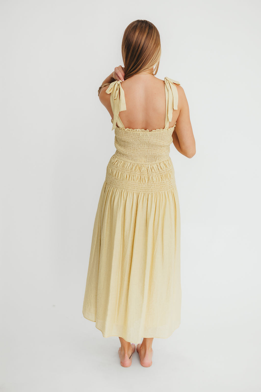 Della Women's Adjustable Tie Midi Dress in Yellow - Flowy Summer Dress for Beach, Party & Casual Wear