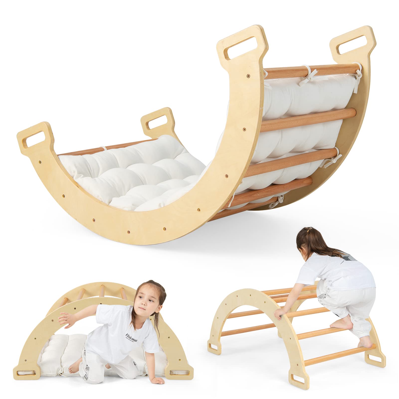 Costzon 2-in-1 Montessori Wooden Arch Climber & Ladder Playset for Toddlers - Indoor/Outdoor Climbing Toy with Cozy Cushion - Kids Gym Equipment & Learning Playground Gift for Birthday & Preschool Development