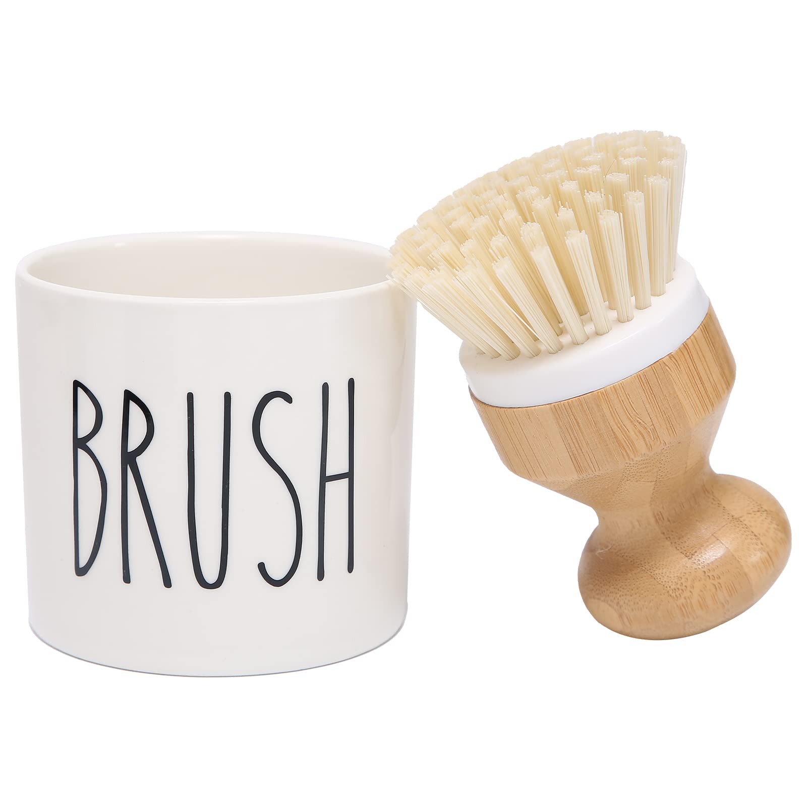 HOMCDALY Bamboo Dish Brush with Ceramic Holder - Eco-Friendly Kitchen Scrub Brush for Washing Dishes - Dishwashing Brush Set with Storage - Perfect for Daily Kitchen Cleaning & Sustainable Home Use (White)