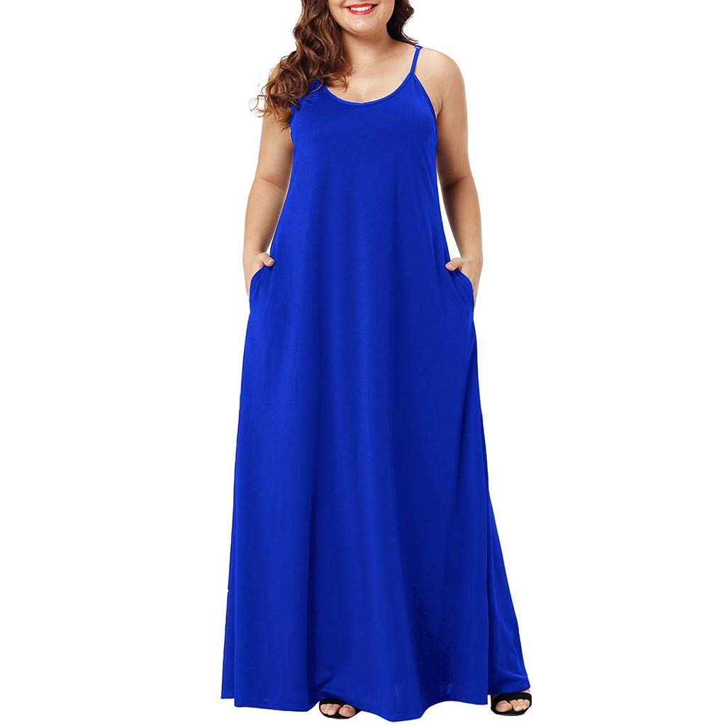 Juesi Women's Plus Size Maxi Dress - Spaghetti Strap Solid Pocket Loose Flowy Summer Dress in Blue | Perfect for Beach, Vacation & Casual Wear