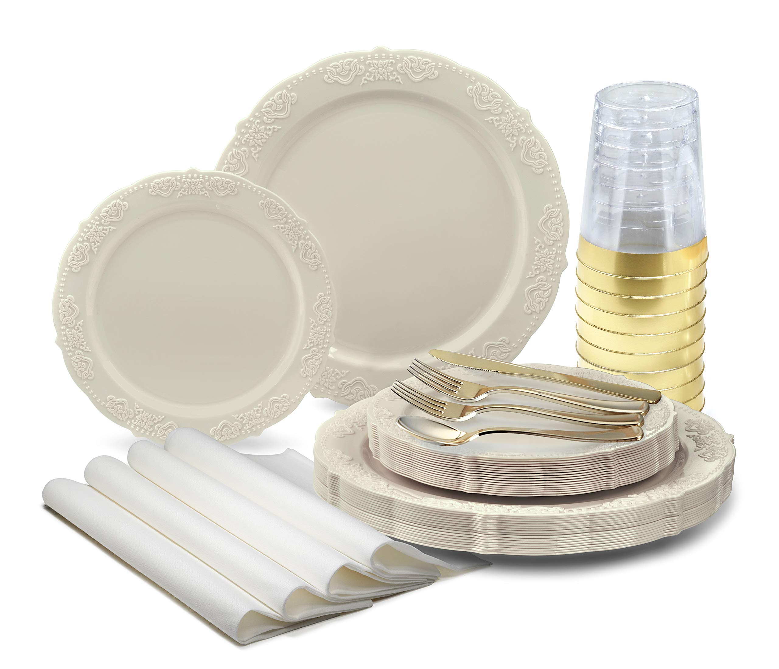 640-Piece Vintage Wedding Party Disposable Plastic Plate Set (80 Guests) - 80x10.25'' Dinner Plates + 80x7.5'' Dessert Plates + Gold Silverware + Gold Rim Cups + Napkins - Portofino Plain Ivory - Perfect for Weddings, Bridal Showers & Elegant Events