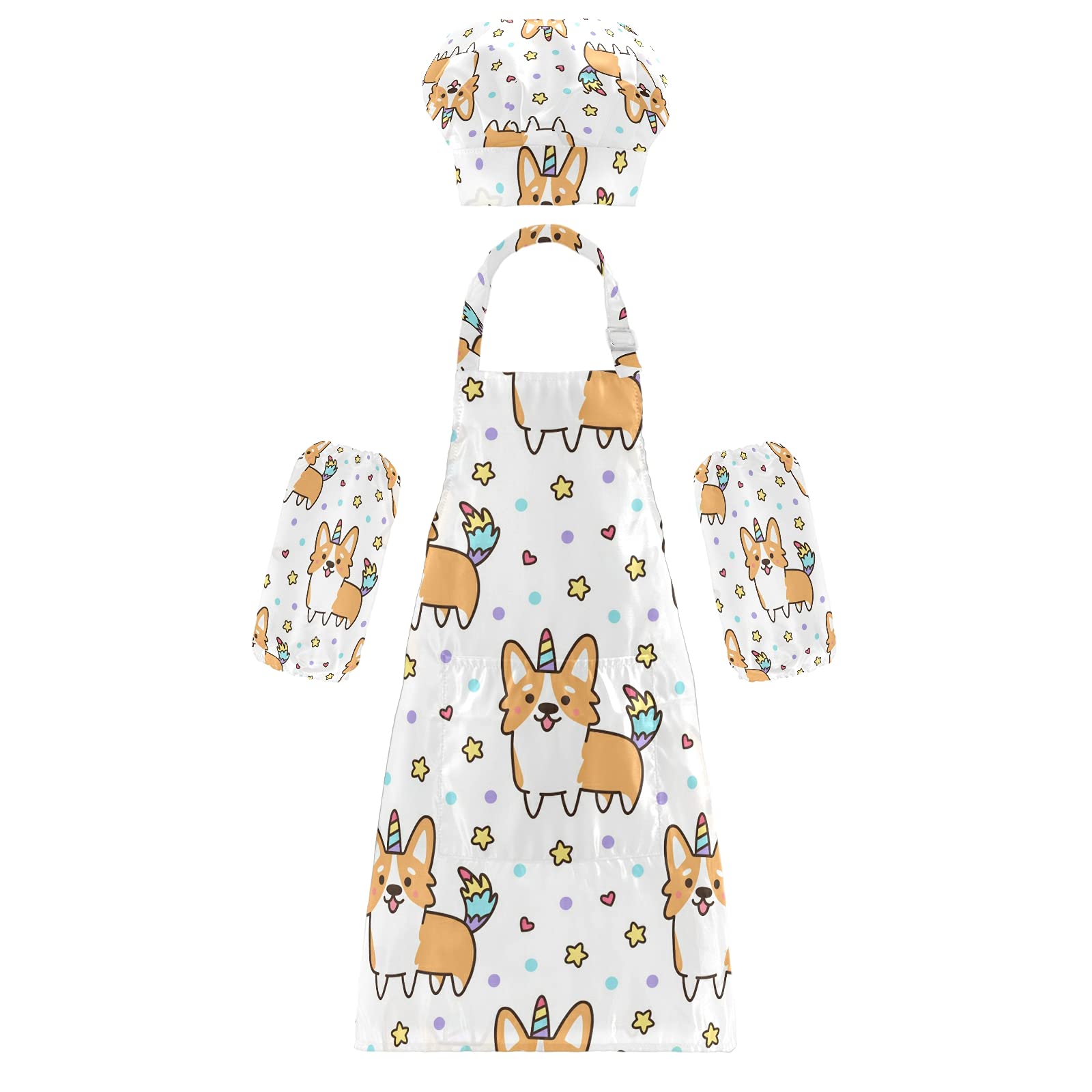 Corgi Unicorn Kids Apron Chef Hat Set - Adjustable Child Aprons for Girls & Boys - Kitchen Cooking Baking Wear Kit - Perfect for Pretend Play, Birthday Parties & Family Baking Activities