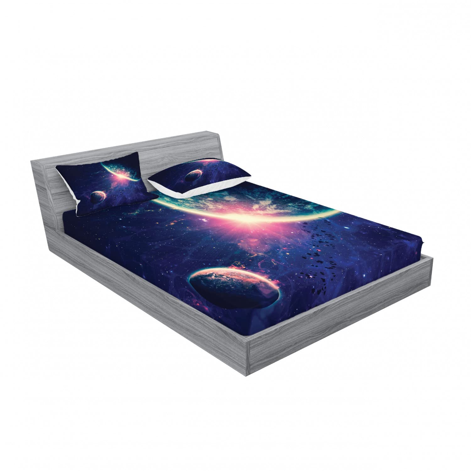 Ambesonne Galaxy 2-Pack Full Size Fitted Sheet Set with 4 Pillow Shams - Outer Space Mars Planets Design in Navy Blue & Pink - Soft Bedding Decor for Kids & Adults - Perfect for Space Themed Bedrooms, Dorm Rooms & Gift Giving