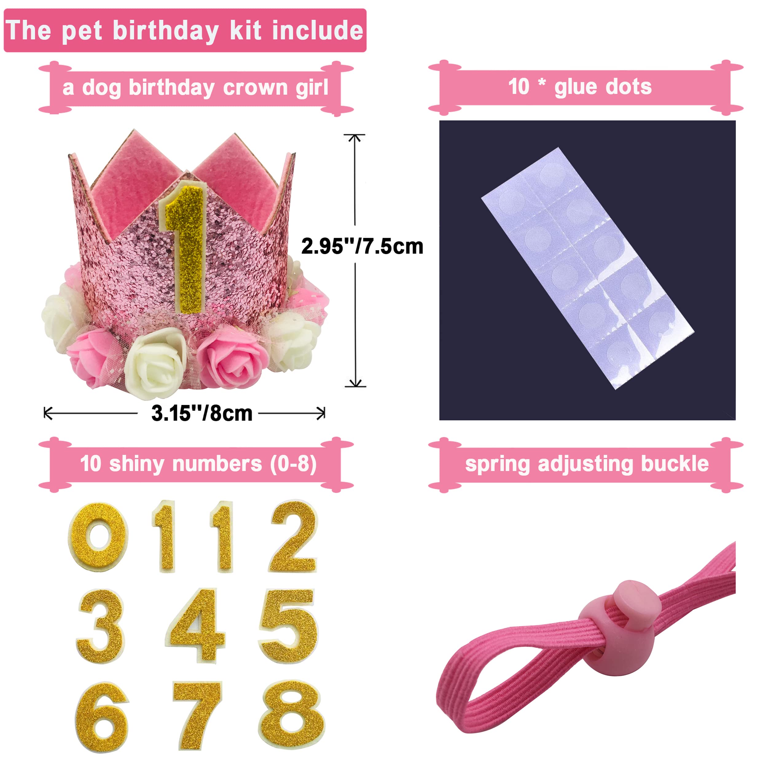 Adjustable Dog Birthday Hat - Reusable Crown Headband for Dogs, Cats, Puppies & Kittens - Pink Pet Party Accessory with Number Decorations | Perfect for Birthday Celebrations, Photo Shoots & Pet Costume Parties