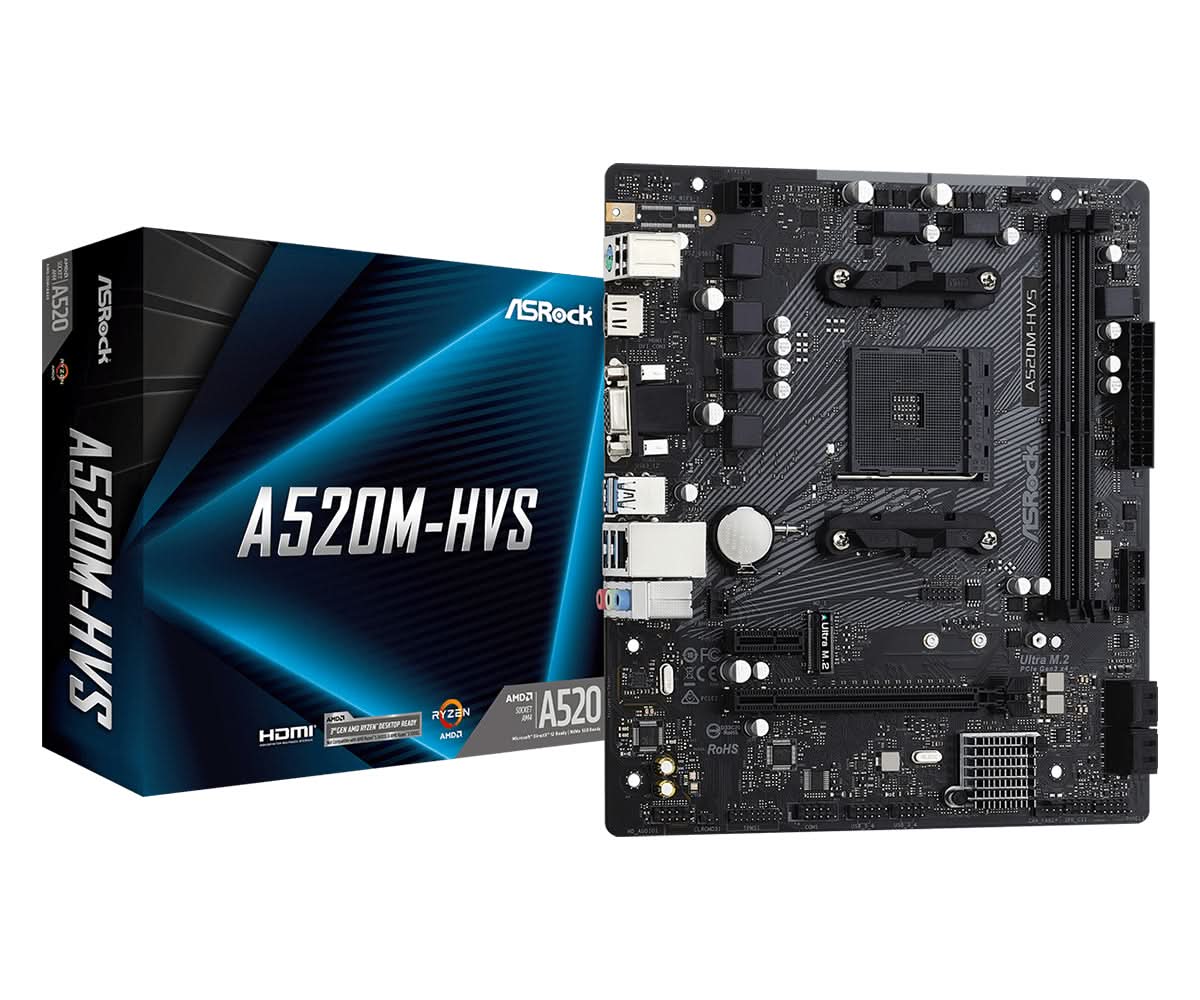 ASRock A520M-HVS AMD A520 Socket AM4 Micro ATX Motherboard - Perfect for Gaming PC Builds & Home Office Workstations