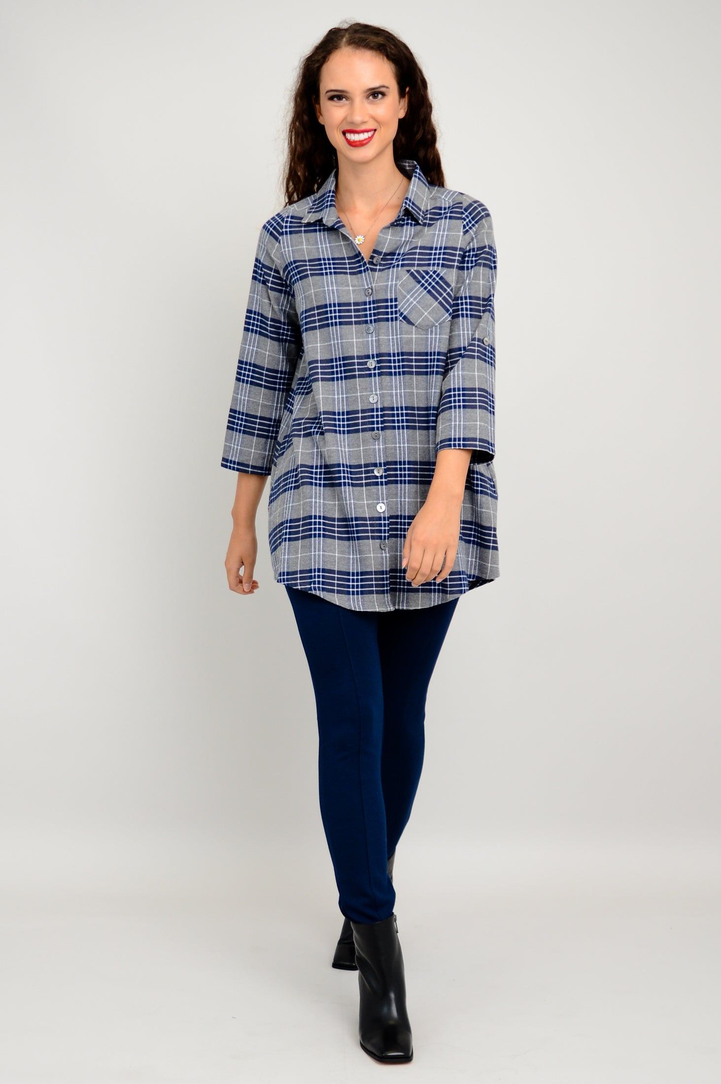 Celine Women's Cotton Flannel Tunic Top - Spruce Plaid Print - Cozy Fall & Winter Shirt for Casual Wear, Office & Holiday Outfits