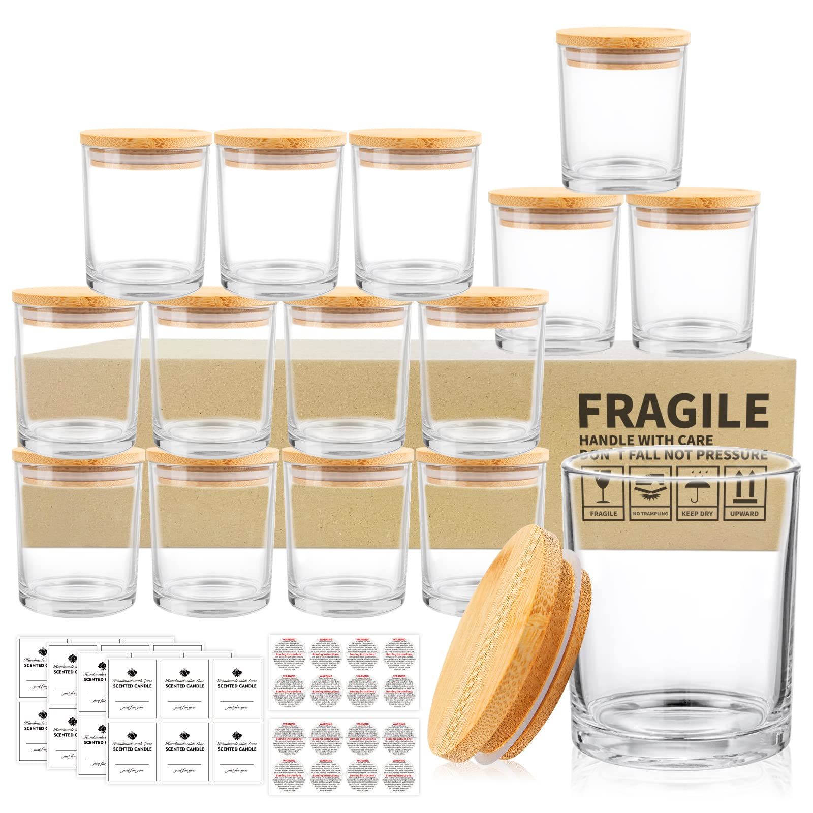 SUPMIND 15 Pack 7OZ Clear Glass Candle Jars with Bamboo Lids & Sticky Labels - Empty Candle Containers for DIY Candle Making, Home Decor, Wedding Favors - Dishwasher Safe & Reusable