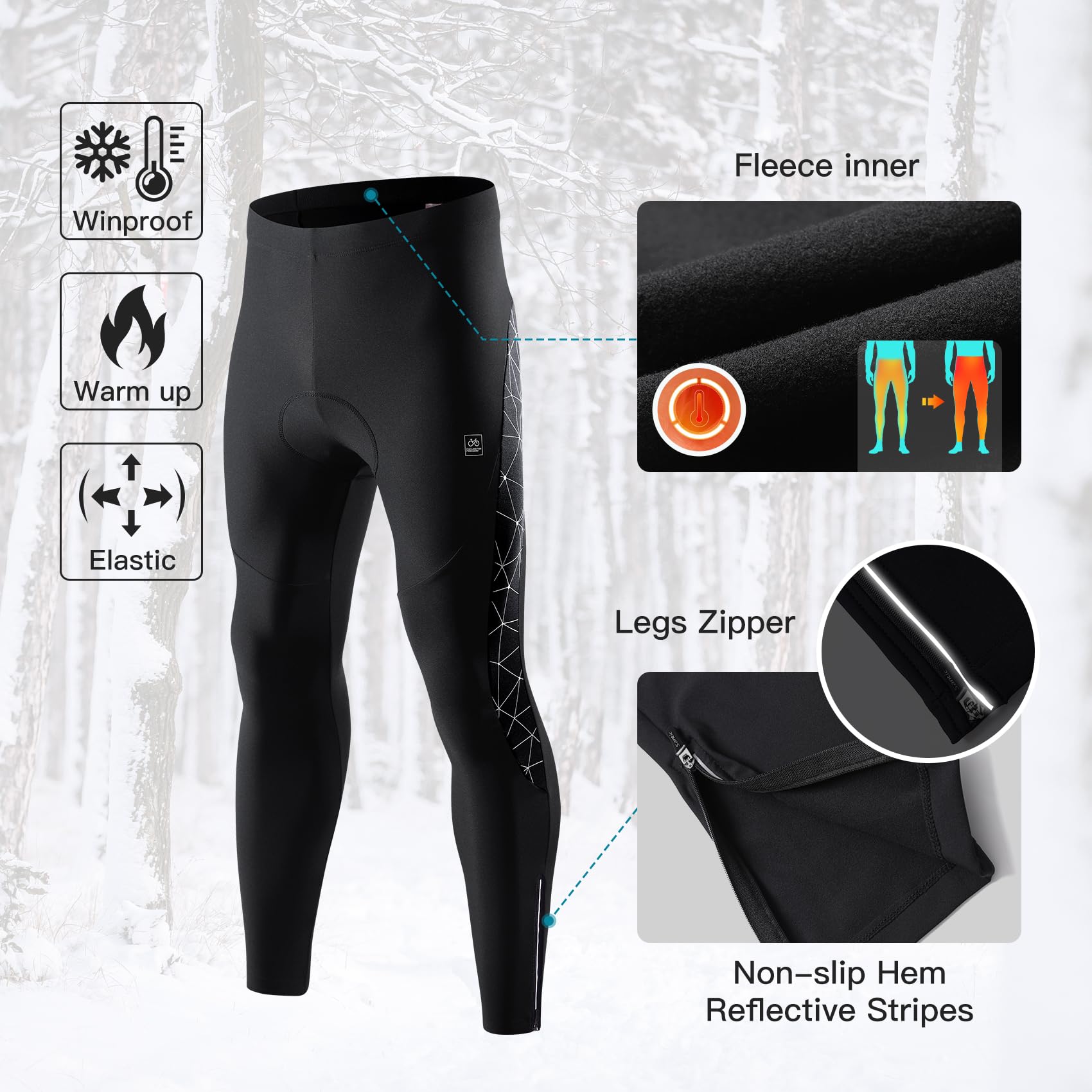 Santic Men's Cycling Tights - Padded Windproof Winter Pants for Biking