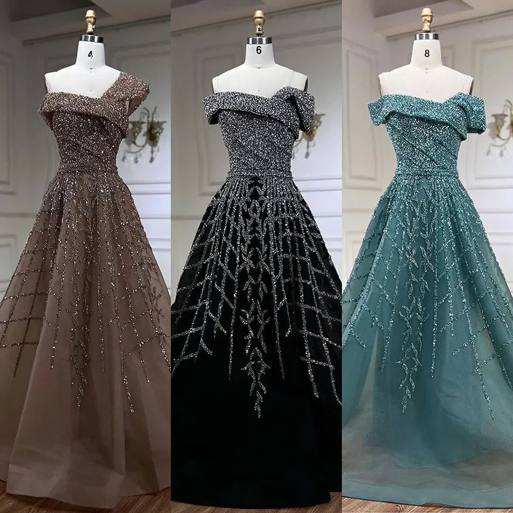 Serene Hill Elegant Black Beaded A-Line Evening Gown 2025 | Off-Shoulder Luxury Long Party Dress for Women | Perfect for Galas, Weddings & Formal Events - LA72224