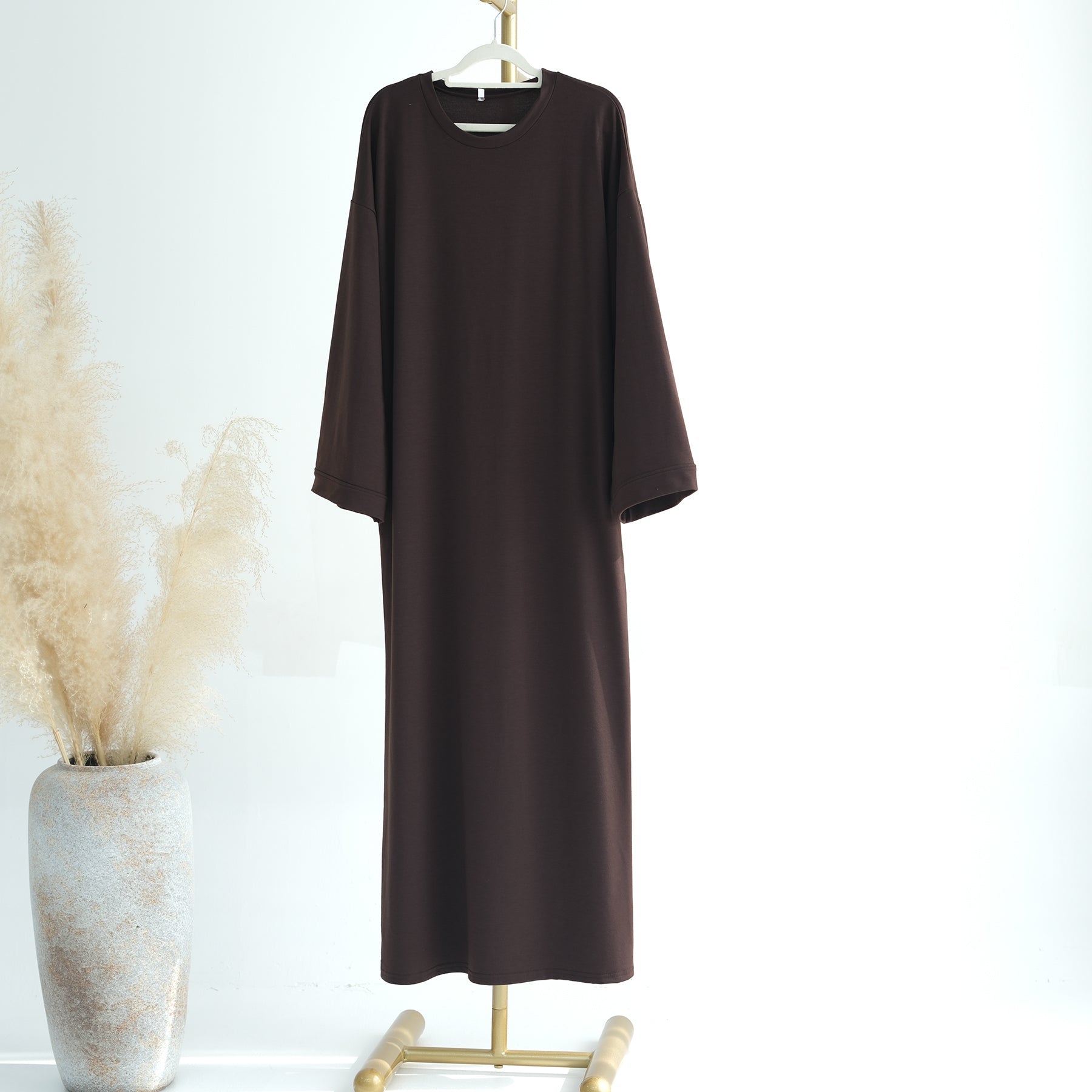 Ava Knit Maxi Dress in Coffee - Elegant Long Sleeve Flowy Dress for Women, Perfect for Fall/Winter, Date Nights, and Special Occasions