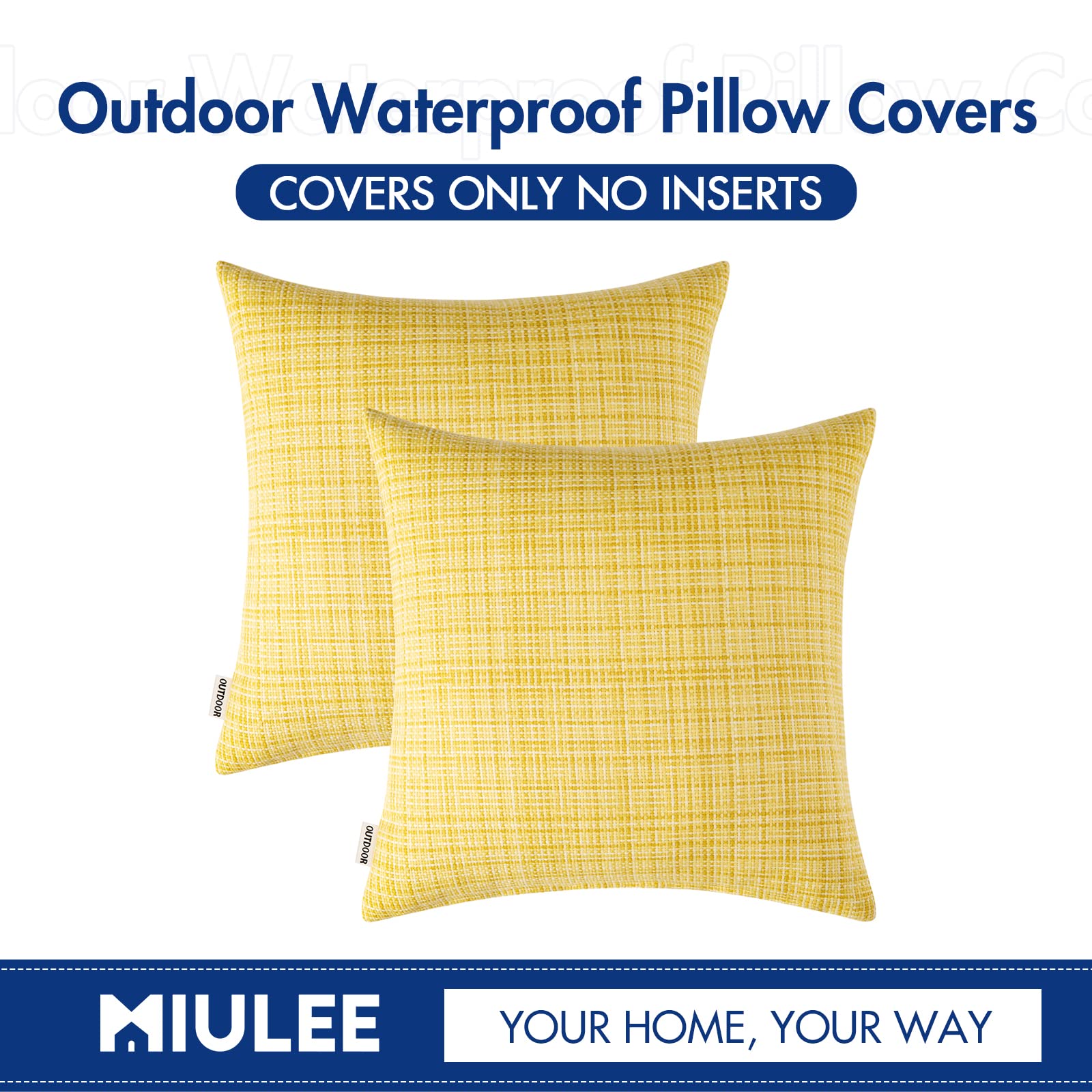 MIULEE Waterproof Outdoor Throw Pillow Covers 20x20 Inch - Farmhouse Decorative Cushion Covers for Patio, Garden, Sofa & Tent (Pack of 2, Yellow) - Perfect for Outdoor Furniture, Camping & Home Decor