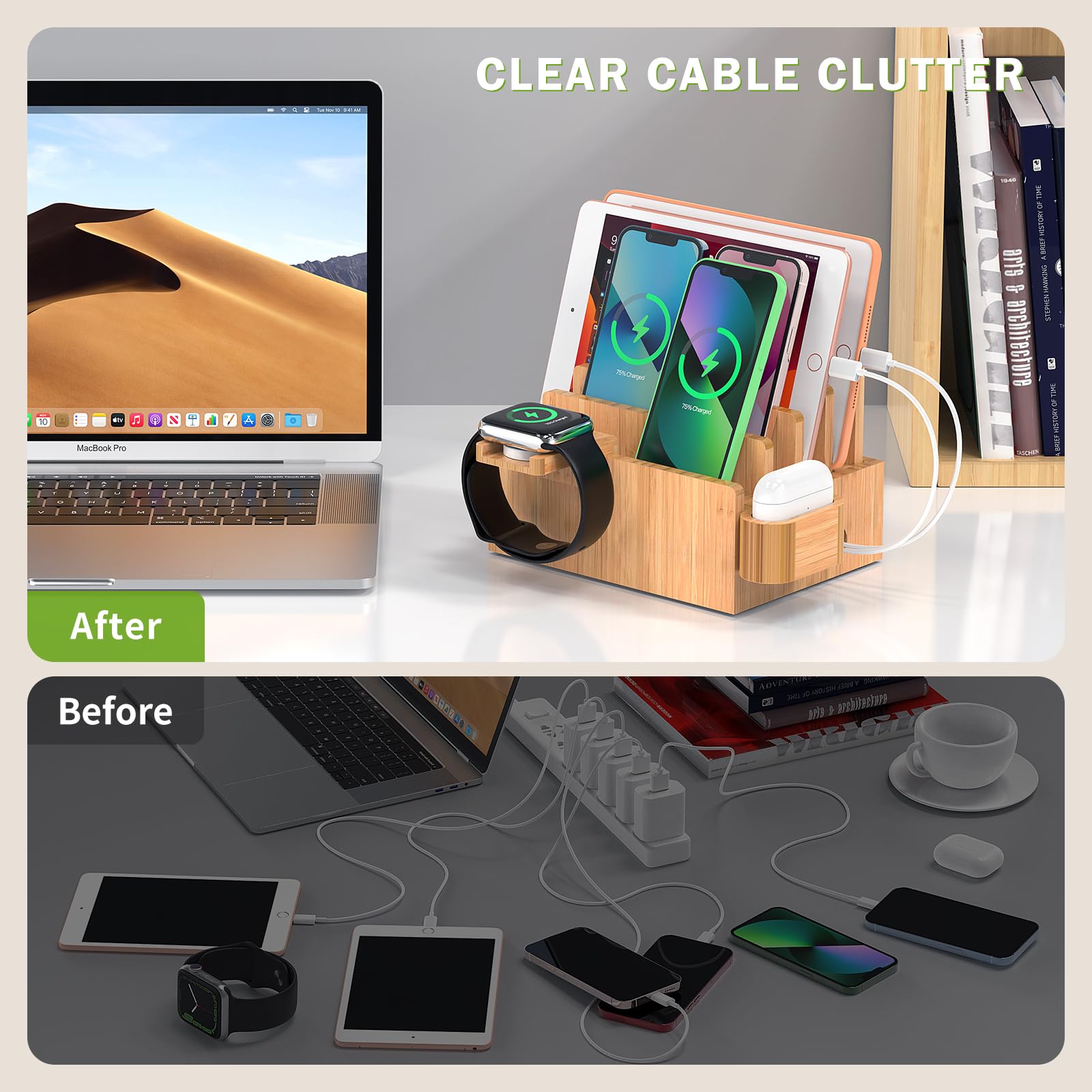 Pezin & Hulin Bamboo Charging Station Organizer - 5-Slot Multi Device Dock for iPhone, Android Phone, Tablet, SmartWatch & AirPods with 5 Included Cables (No USB Charger) | Perfect for Home Office, Bedside & Clutter-Free Desk Organization