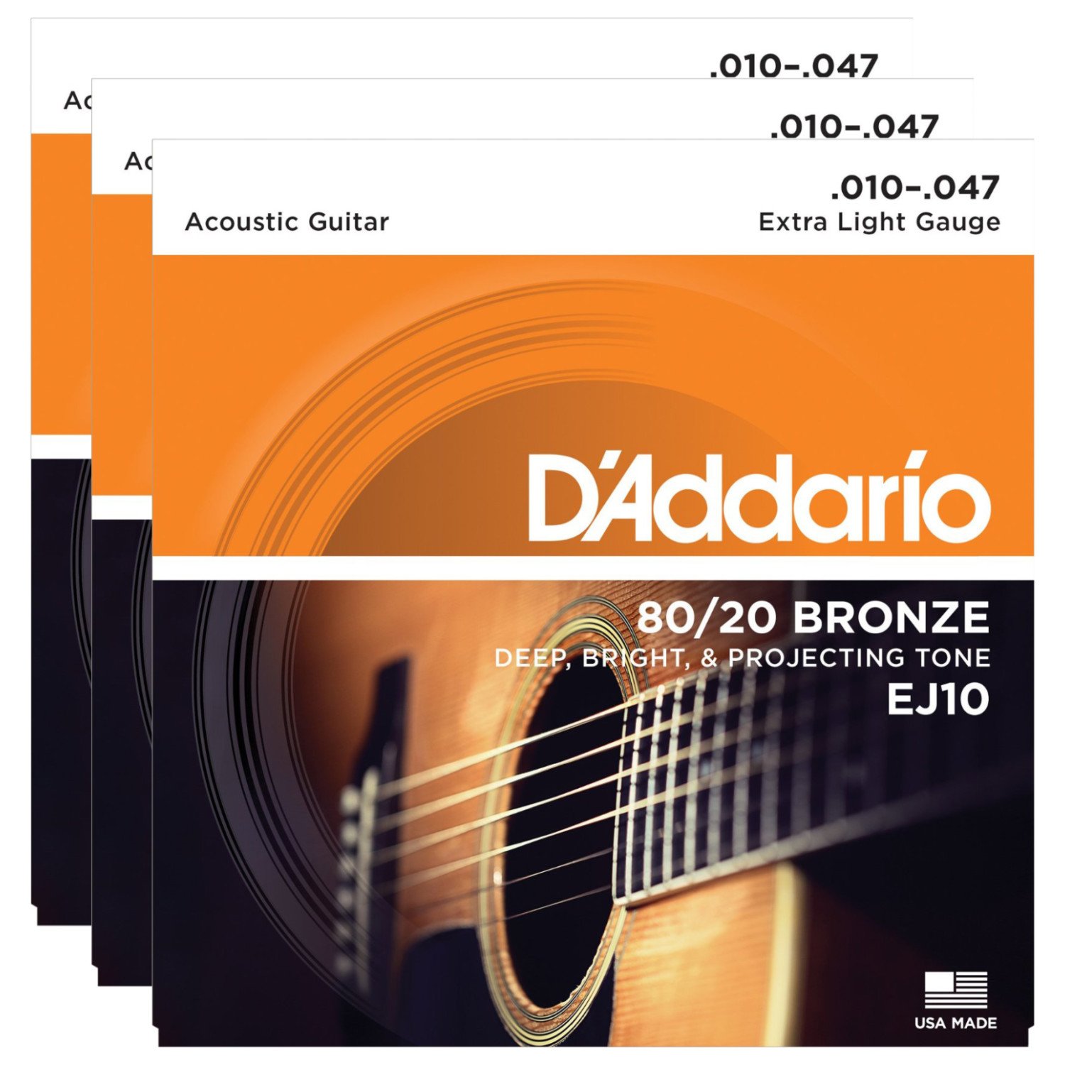 D'Addario EJ10 Bronze Acoustic Guitar Strings - 3 Pack - Extra Light 10-47 Gauge for Beginners & Fingerstyle Players - Perfect for Folk, Country & Practice Sessions