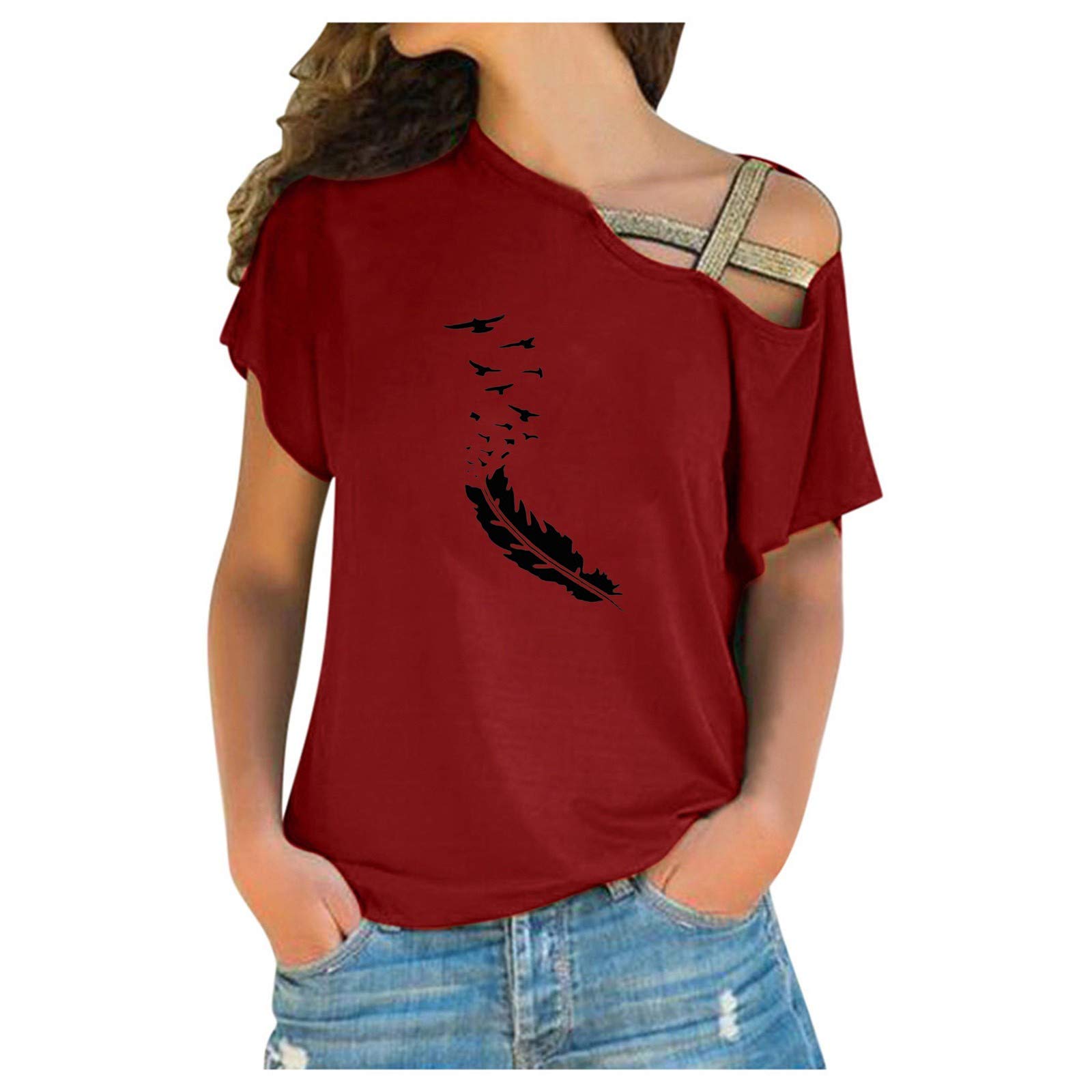 Women's White Casual Short Sleeve Cross Shoulder Irregular T-Shirt - Perfect for Summer Outfits, Beach Wear and Daily Fashion
