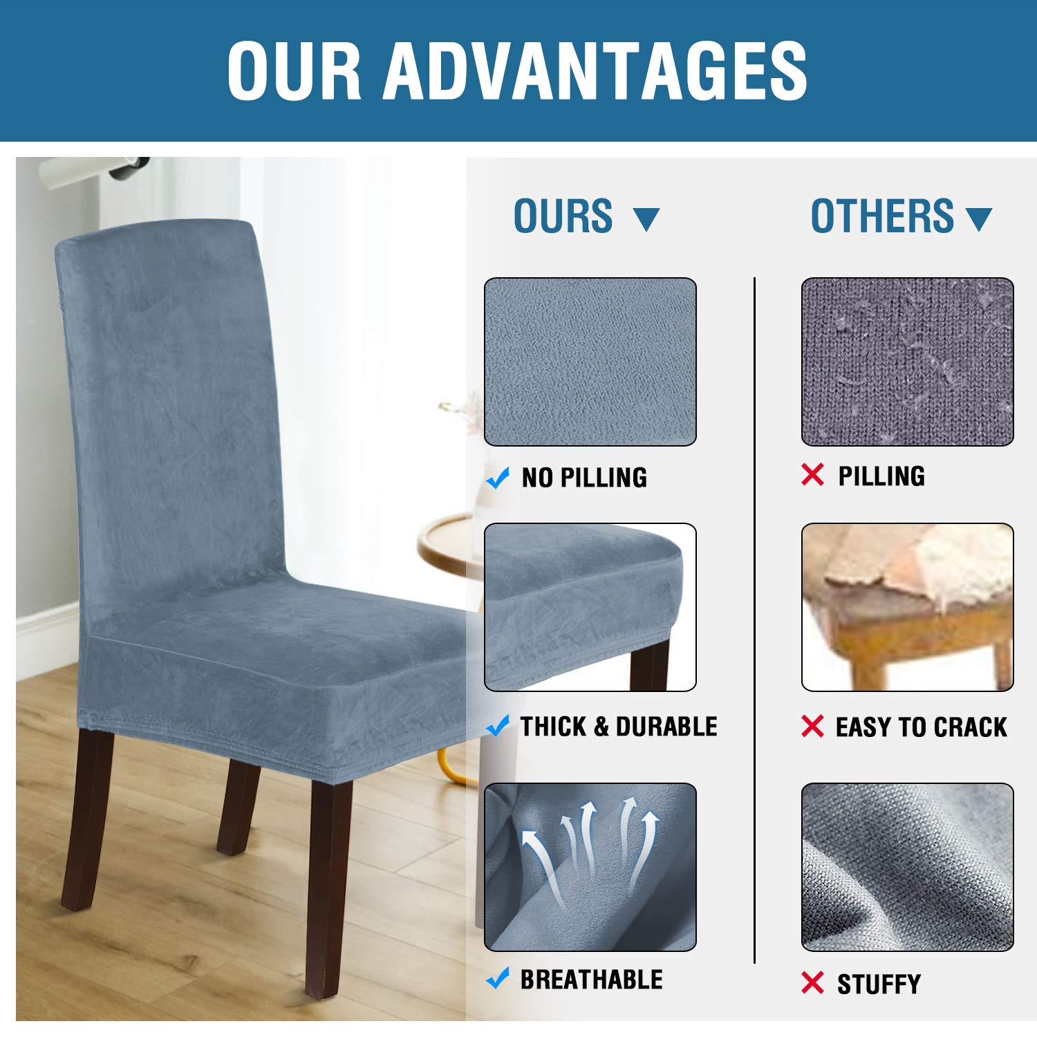 Stretch Velvet Dining Chair Covers Set of 4 - Washable Slipcovers for Parson Chairs, Stone Blue - Perfect for Dining Room & Home Decor