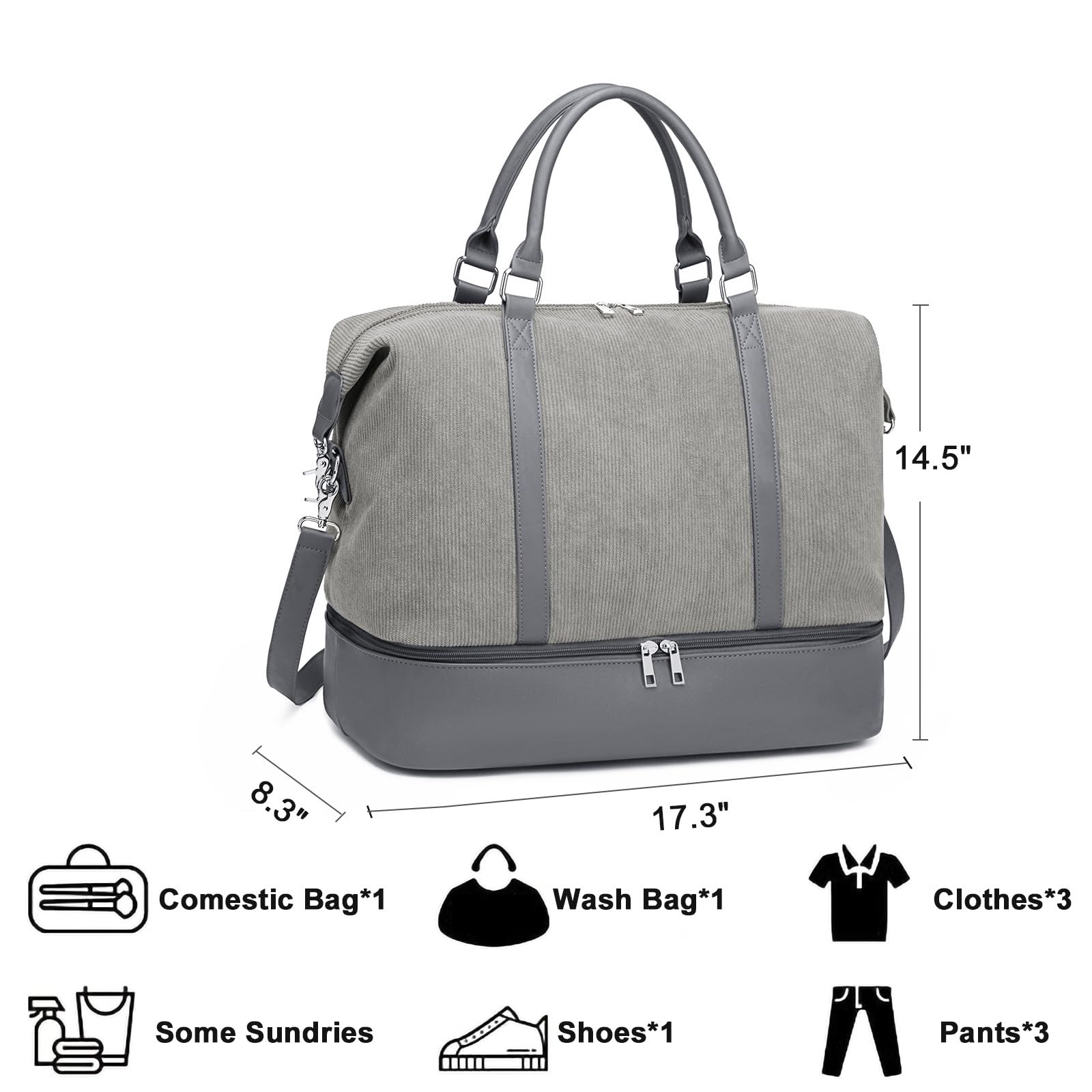 LOIDOU Women's Corduroy Weekender Bag with Shoe Compartment - Large Travel Duffel Tote for Overnight Trips, Hospital Delivery & Labor Bag - Perfect for Weekend Getaways, Maternity Visits & Carry-On Travel